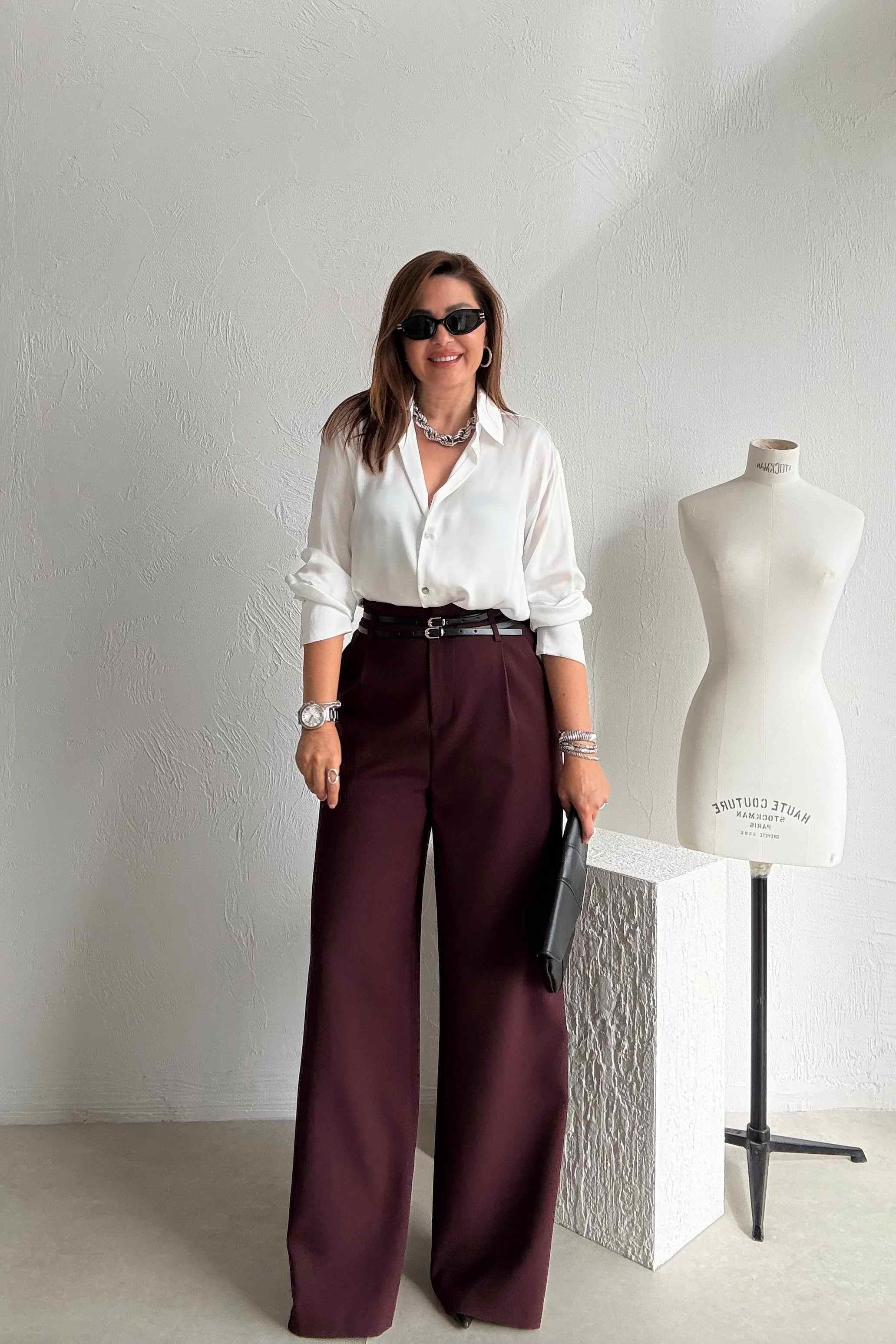 Bordo Bol Paça Kumaş Pantolon 