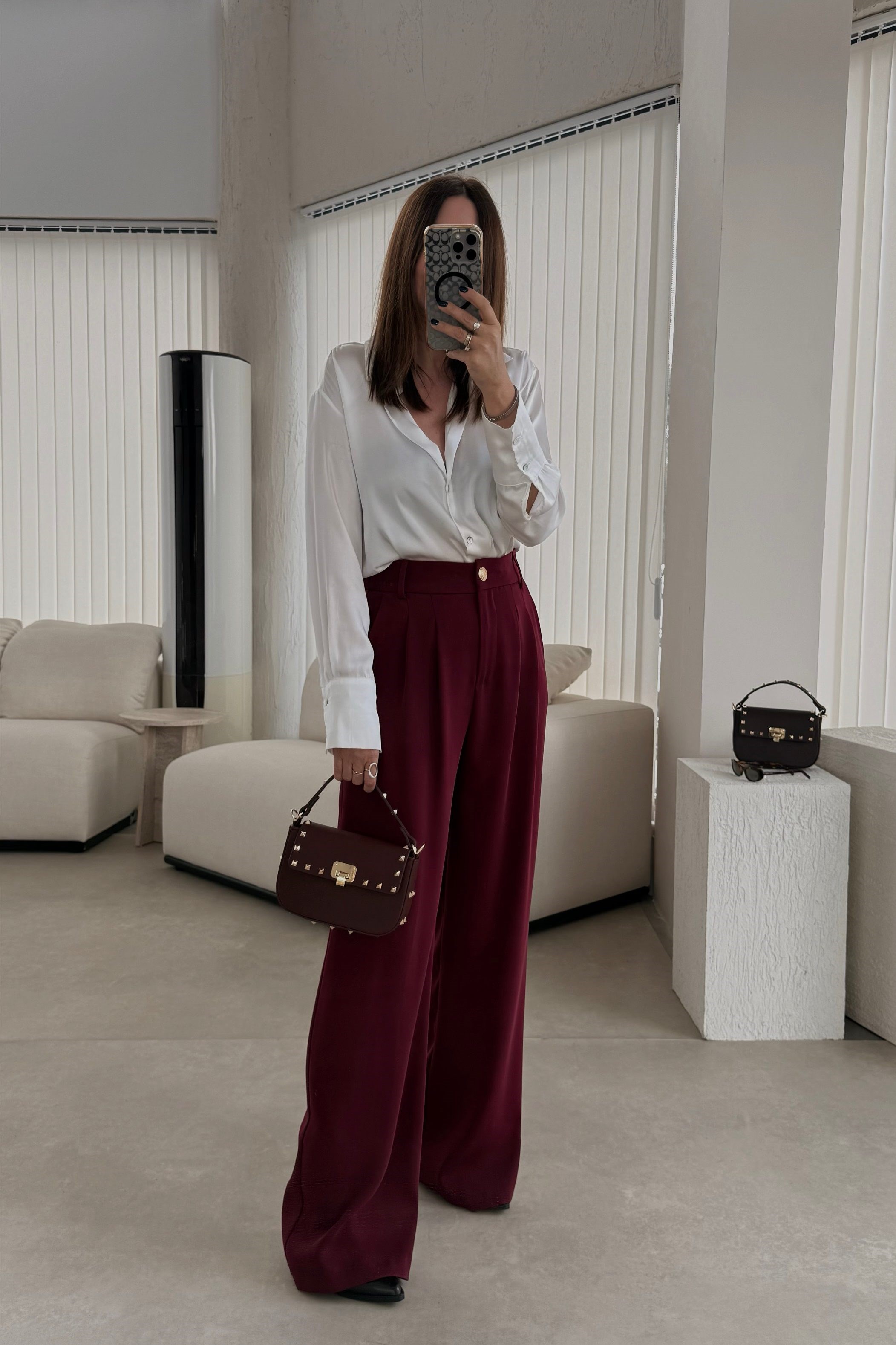 Bordo Gold Düğmeli Palazzo Pantolon 