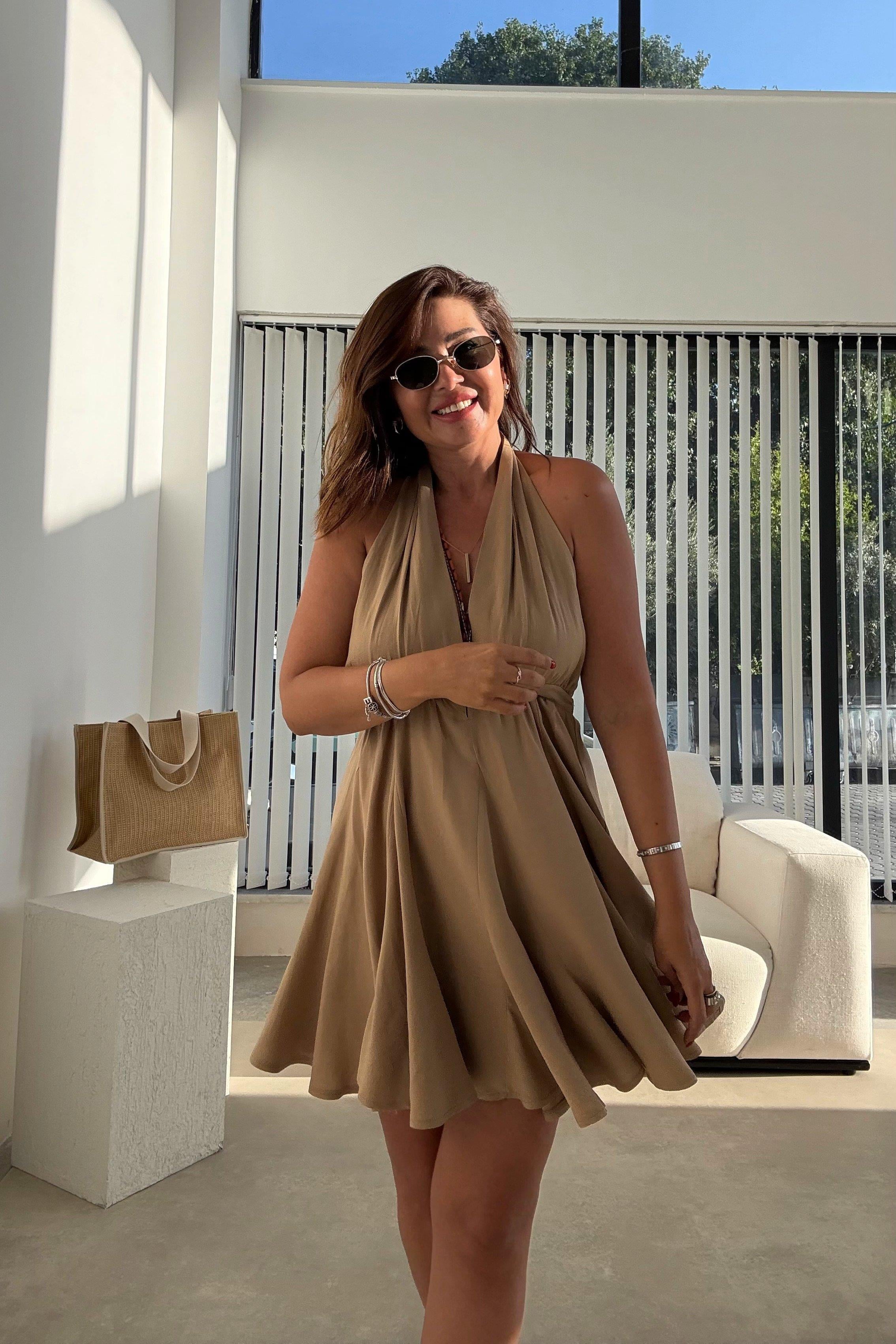 Camel Keten Kısa Elbise 