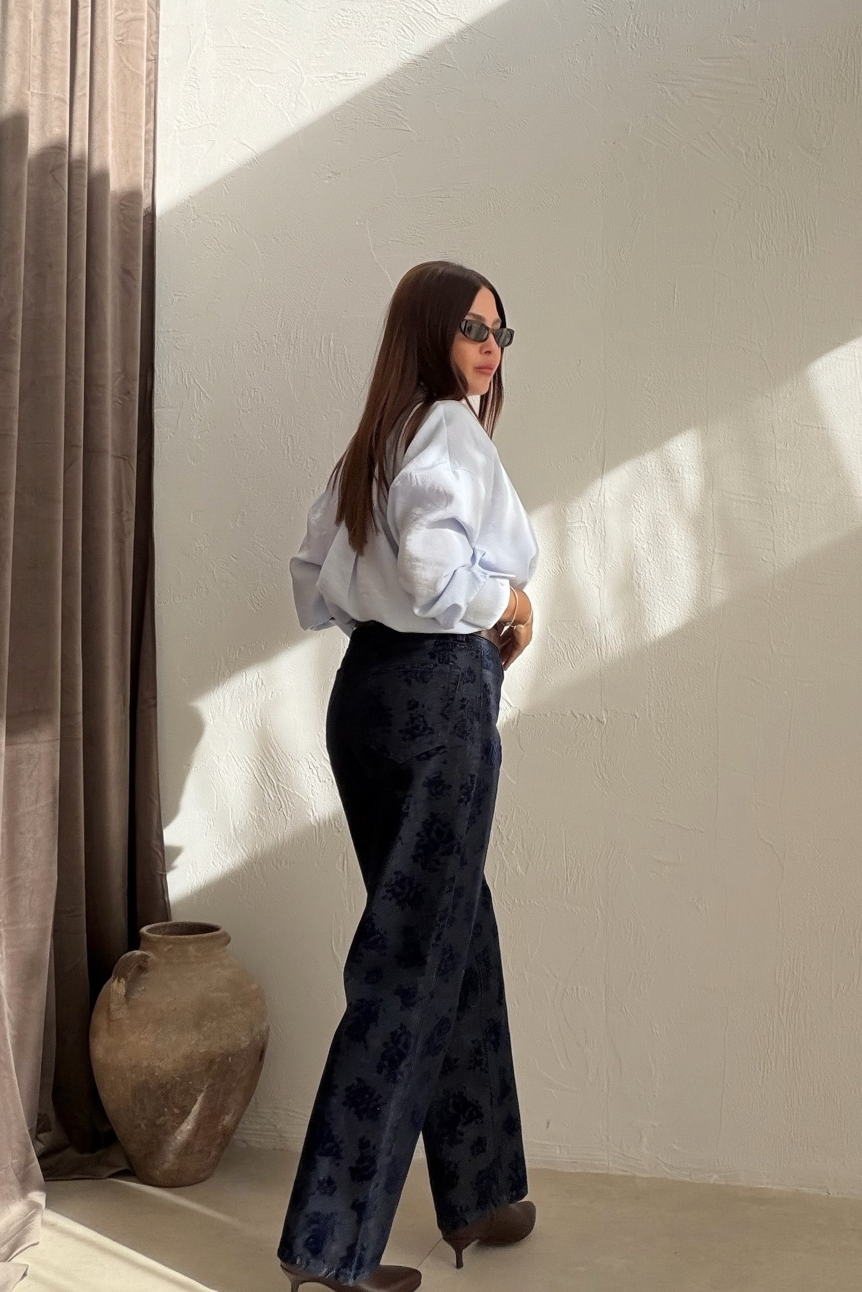 Çiçek Baskılı Jean LACİVERT