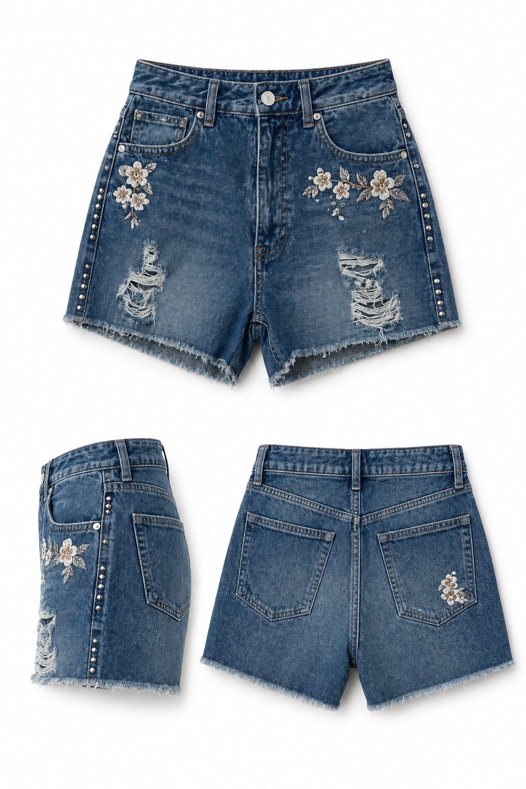 Çiçek Nakışlı Denim Şort