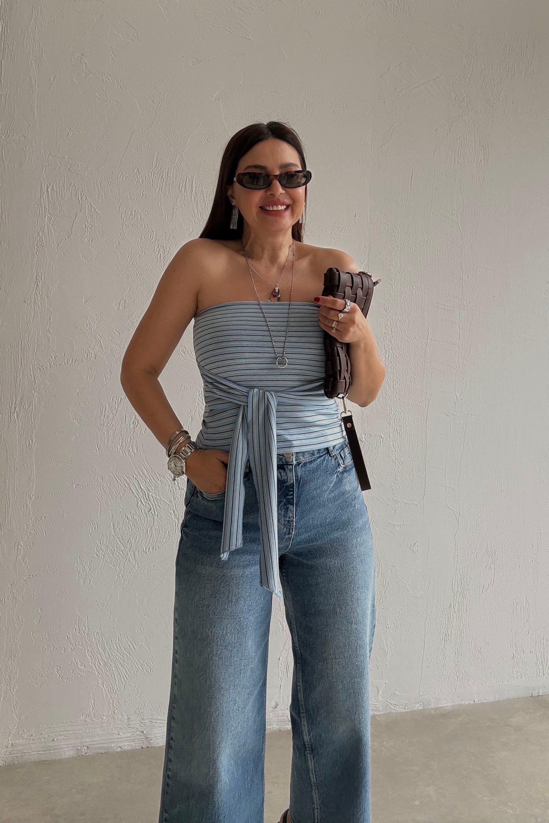 Çizgili Kuşaklı Büstiyer MAVİ