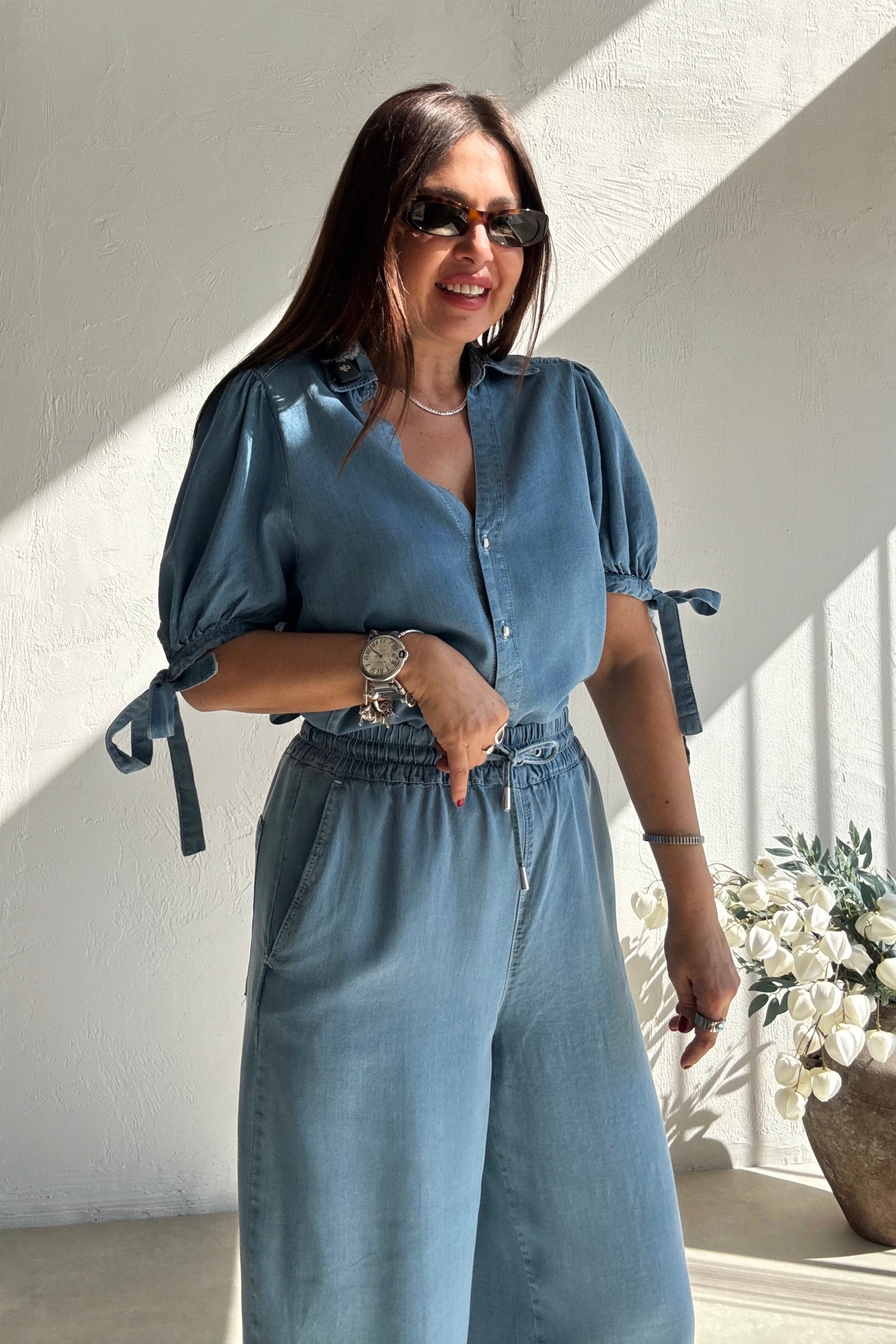 Denim Kolu Bağcıklı Gömlek MAVİ