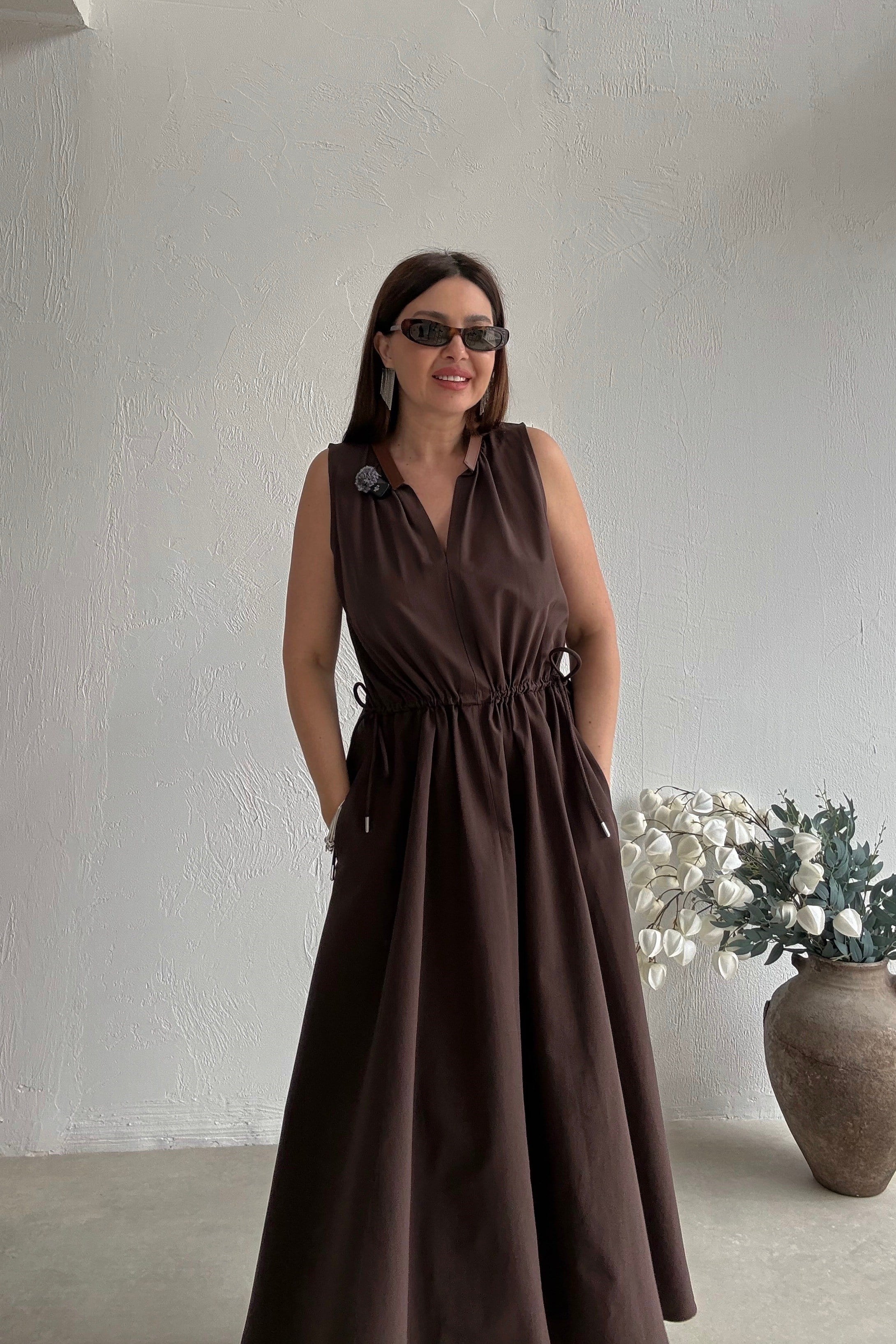 Deri Detaylı Elbise KAHVERENGİ