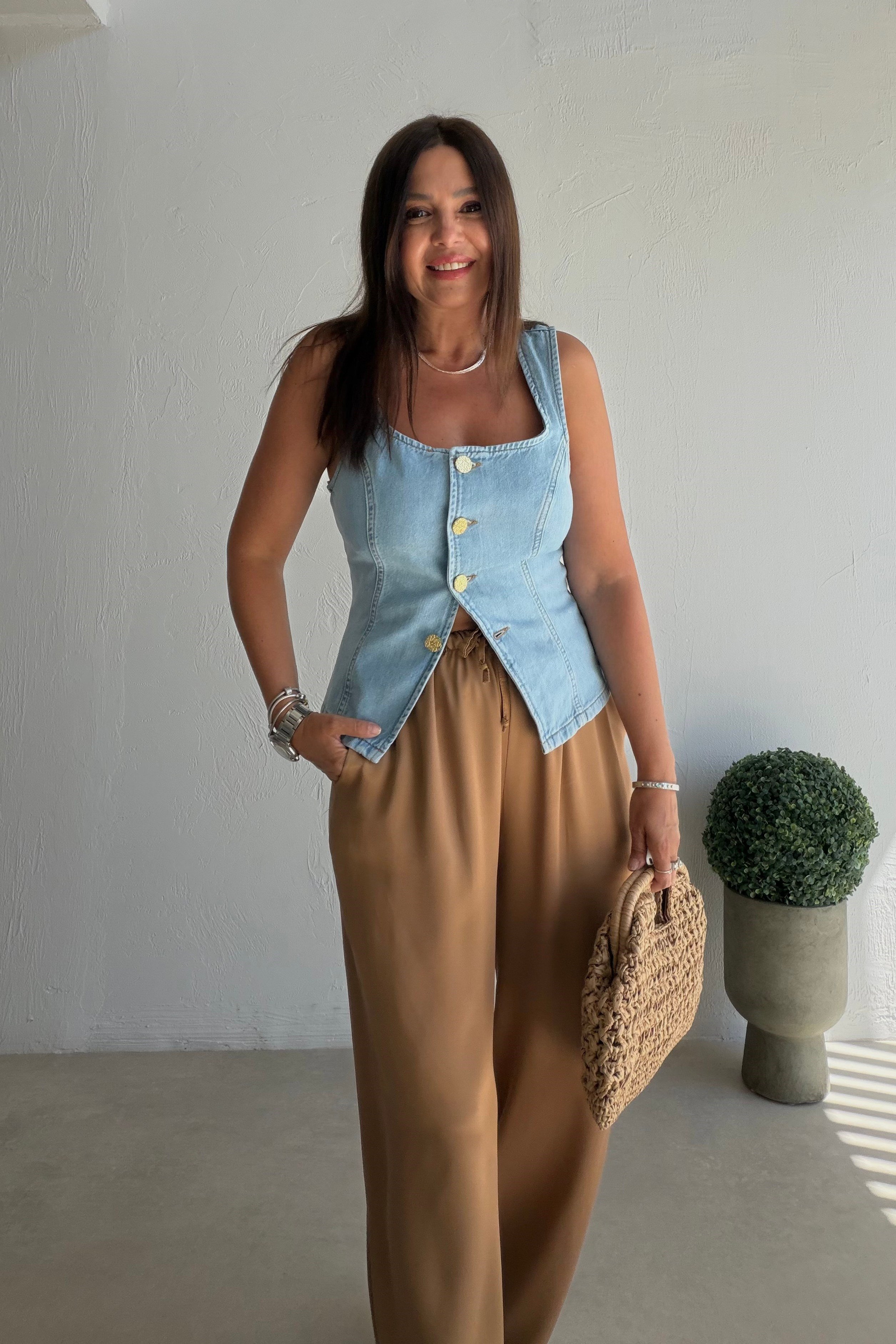 Düğmeli Denim Bluz BUZ MAVİSİ