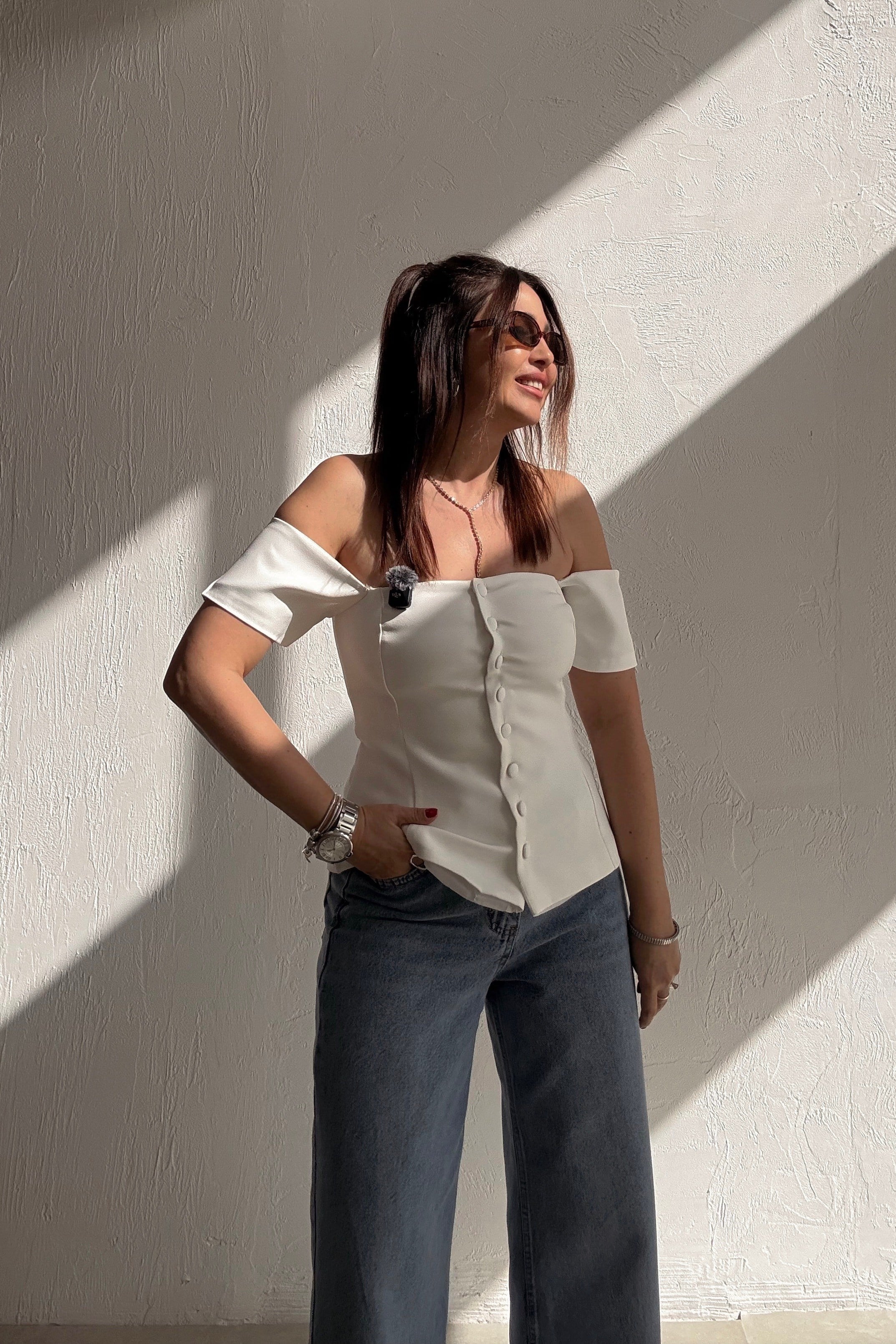 Ekru Düğmeli Büstiyer Bluz 