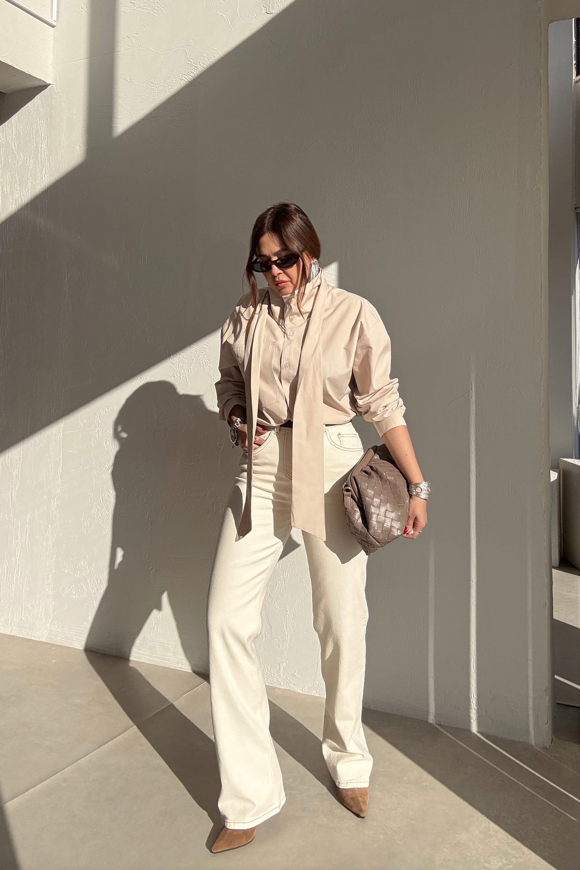 Ekru Kahverengi Dikişli Jean 