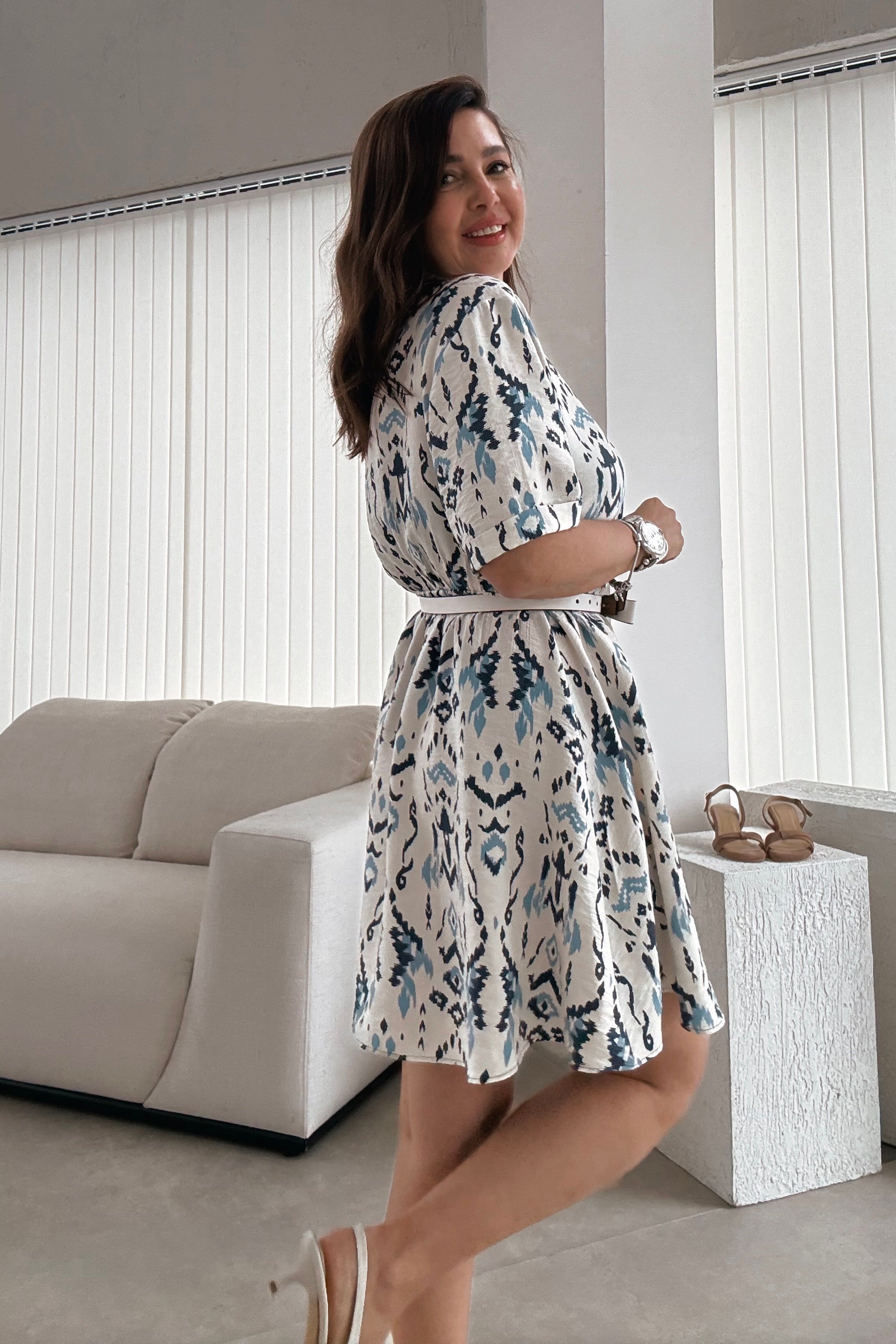 Ekru Marin Desenli Elbise 