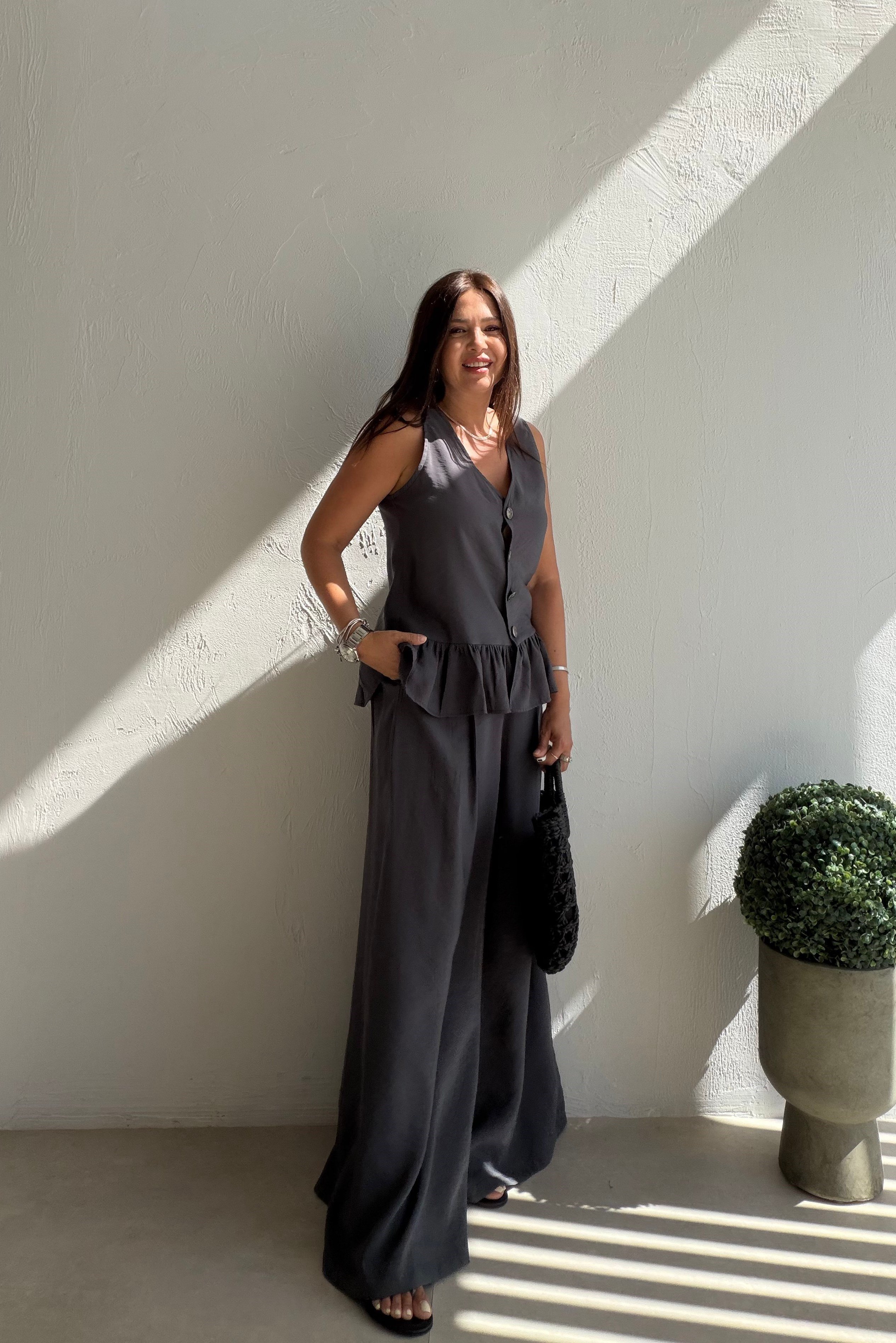 Fırfır Detaylı Yelek Pantalon Takım ANTRASİT