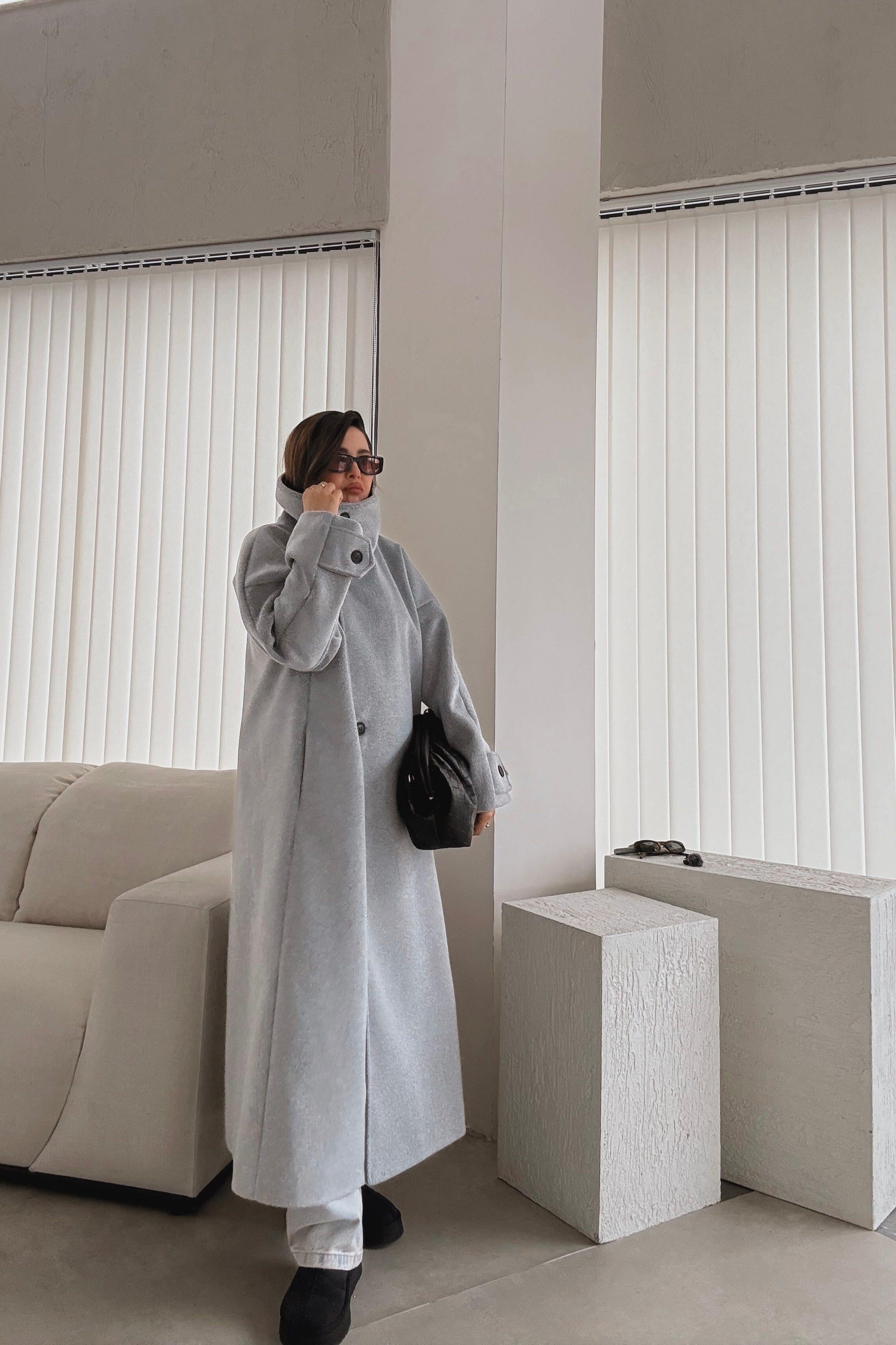 Gri Dik Yaka Uzun Kaban 