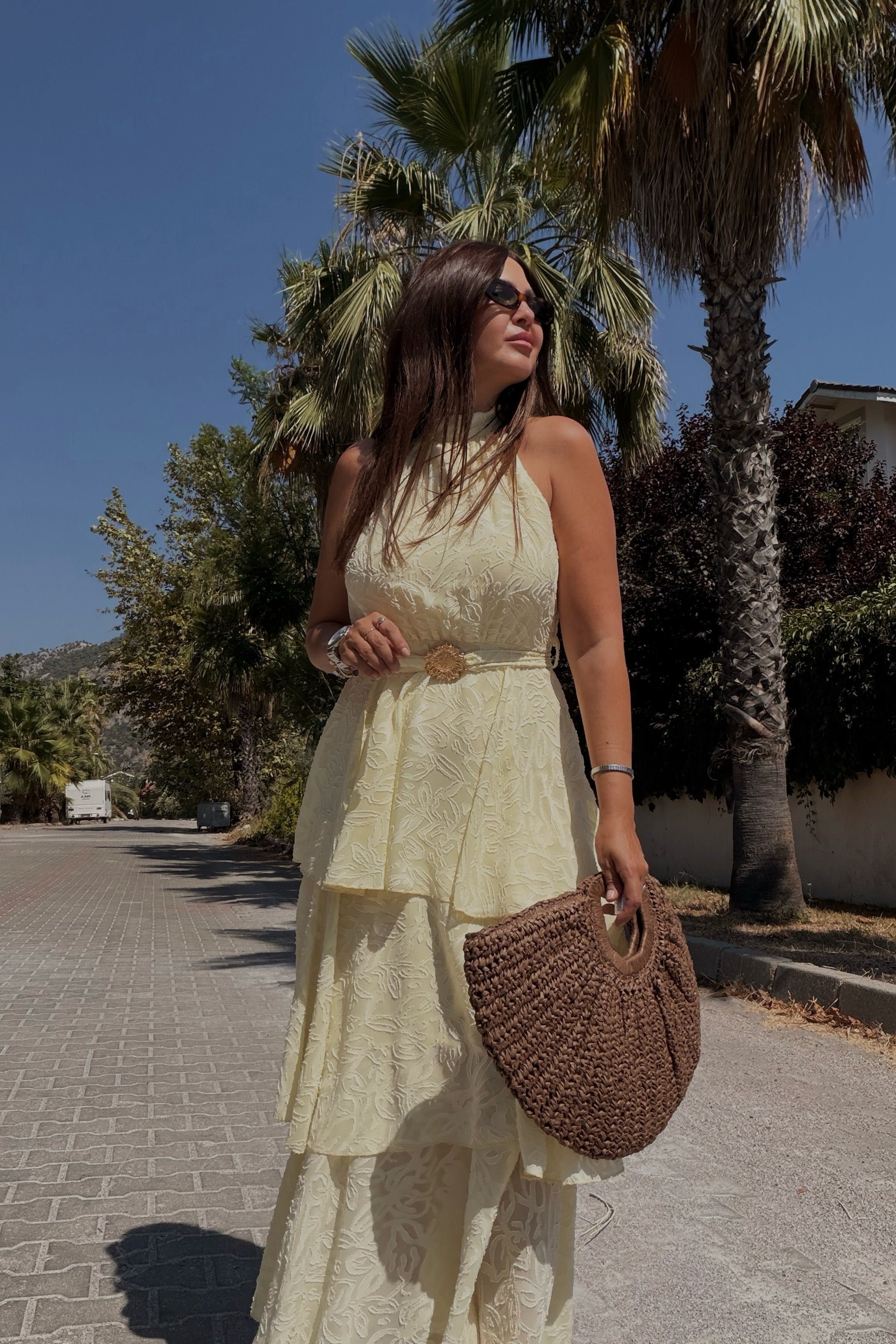 Halter Yaka Katlı Elbise SARI
