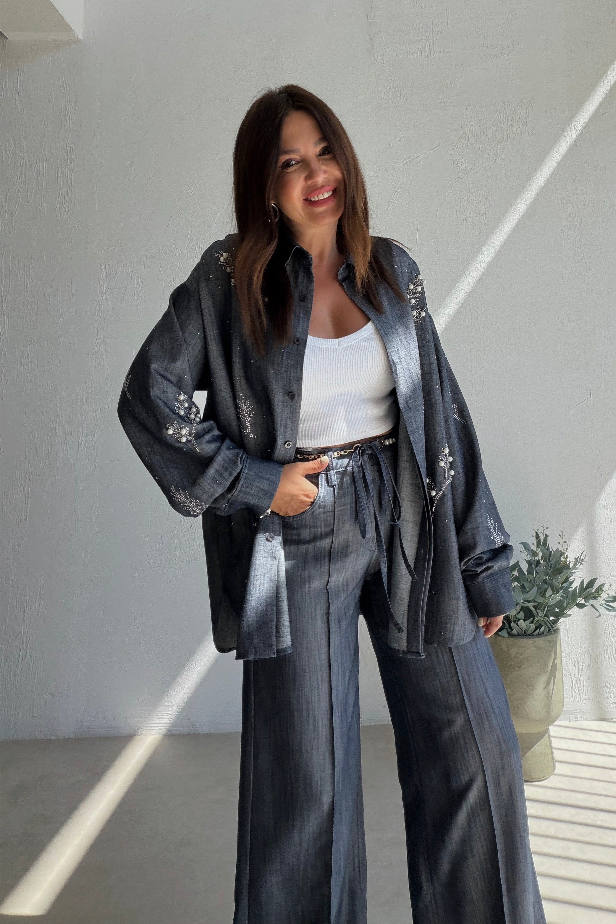 Işıltılı Denim Gömlek Pantolon Takım MAVİ