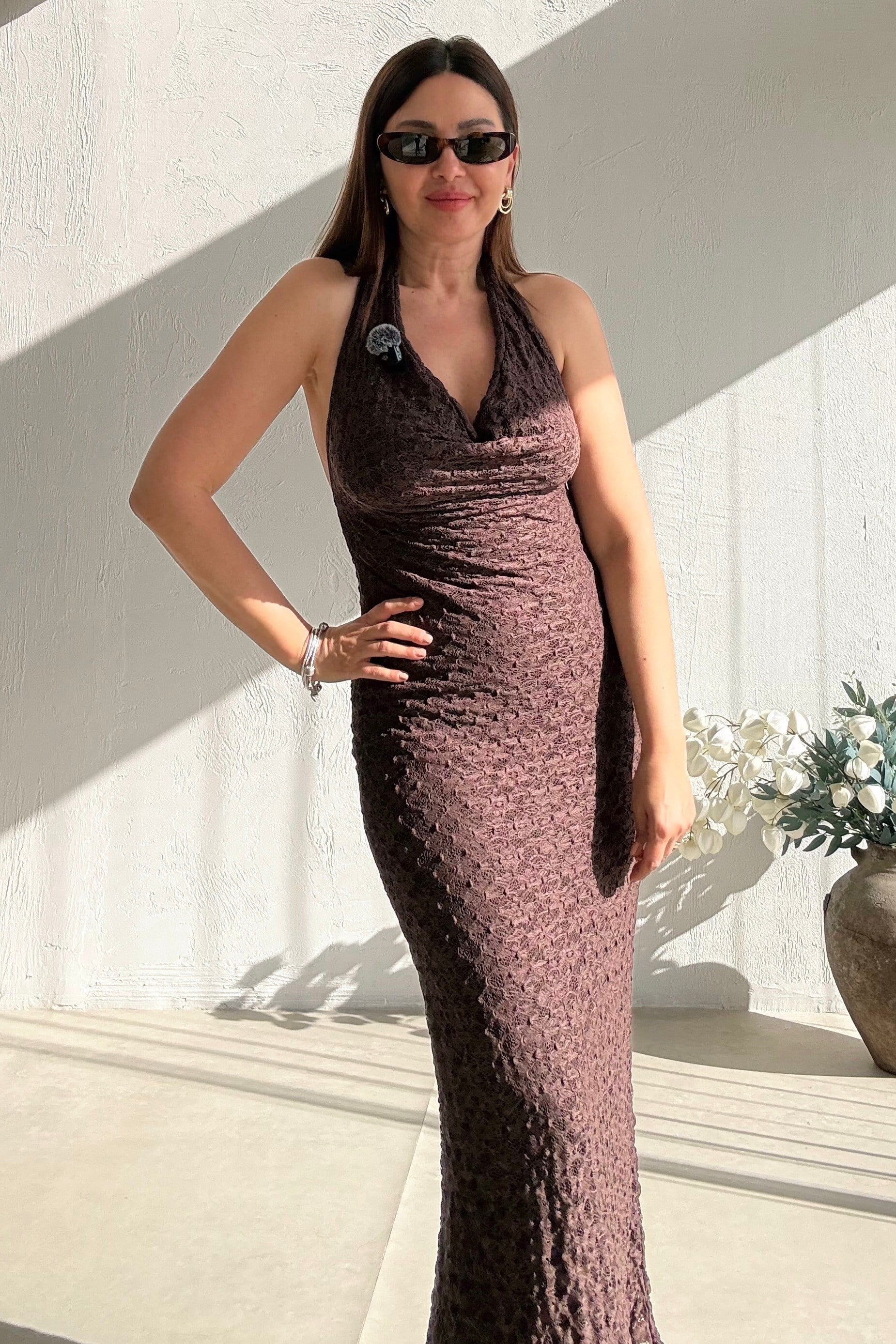 Kahverengi Dantel Uzun Elbise 