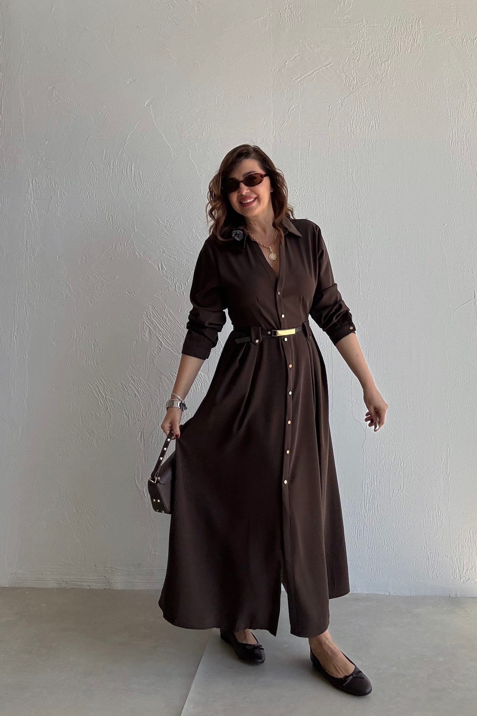 Kahverengi Düğmeli Gömlek Elbise 