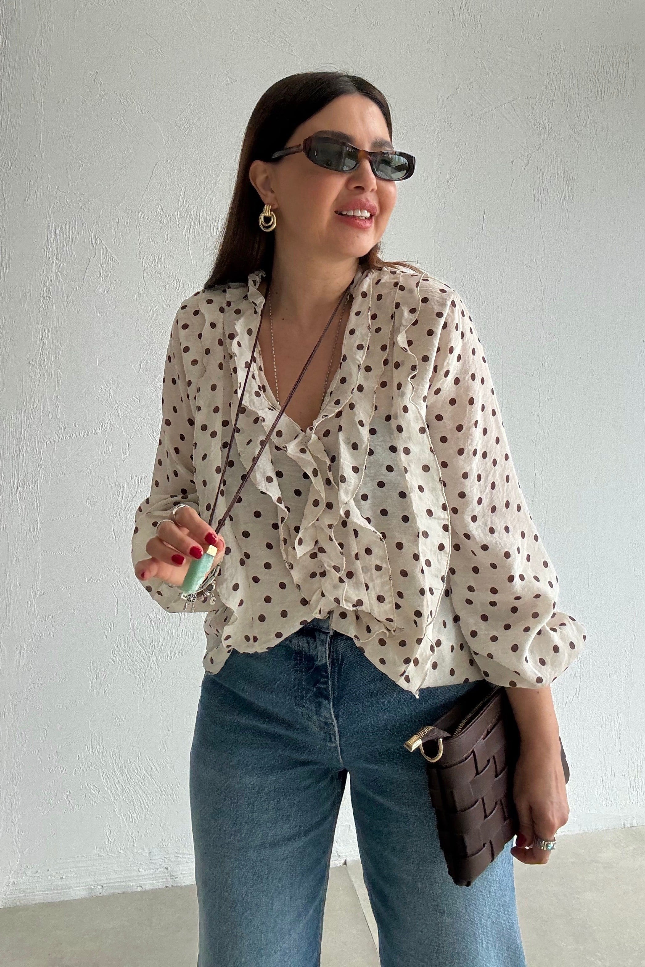 Kahverengi Puantiyeli Bluz