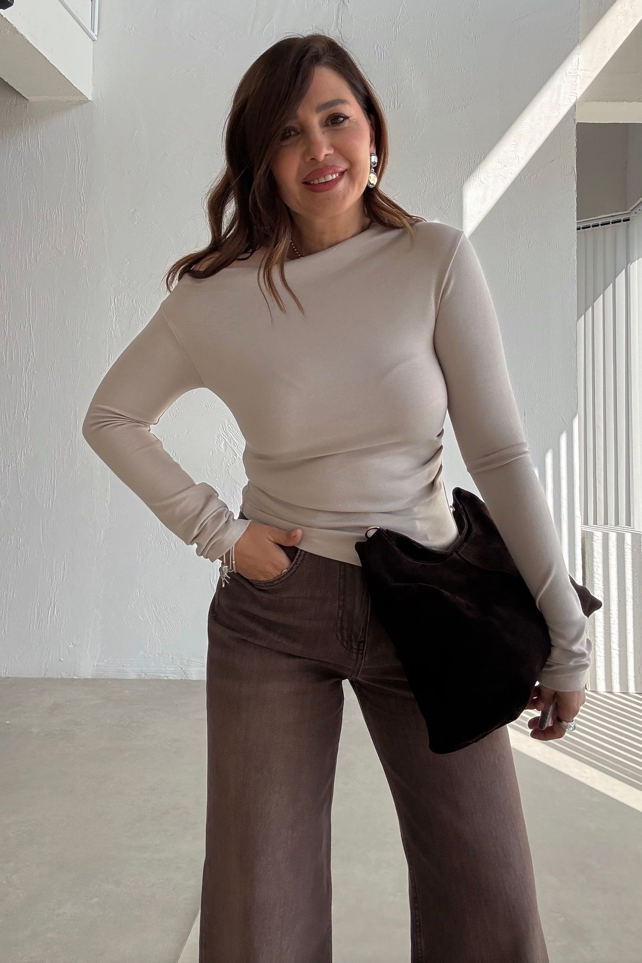 Koyu Bej Asimetrik Bluz 