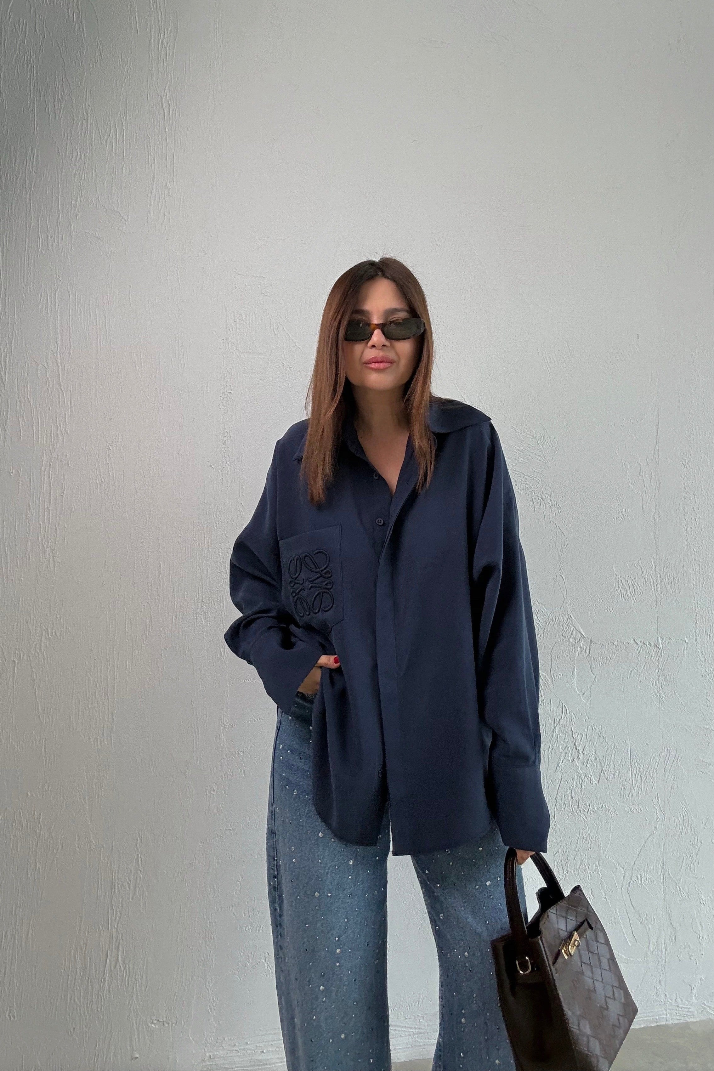 Lacivert Cebi Nakışlı Gömlek 