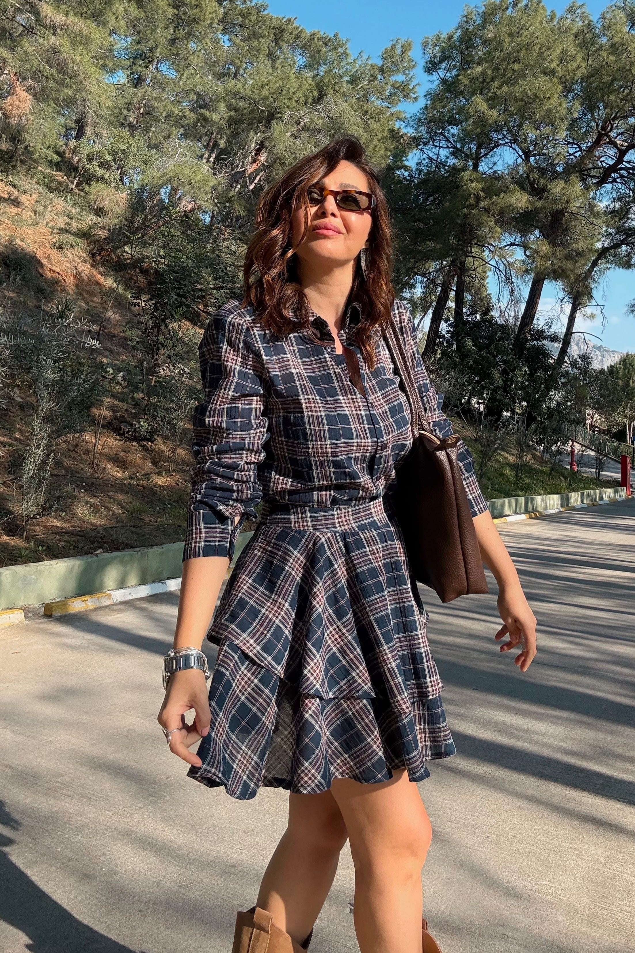 Lacivert Ekoseli Etek Gömlek Takım 