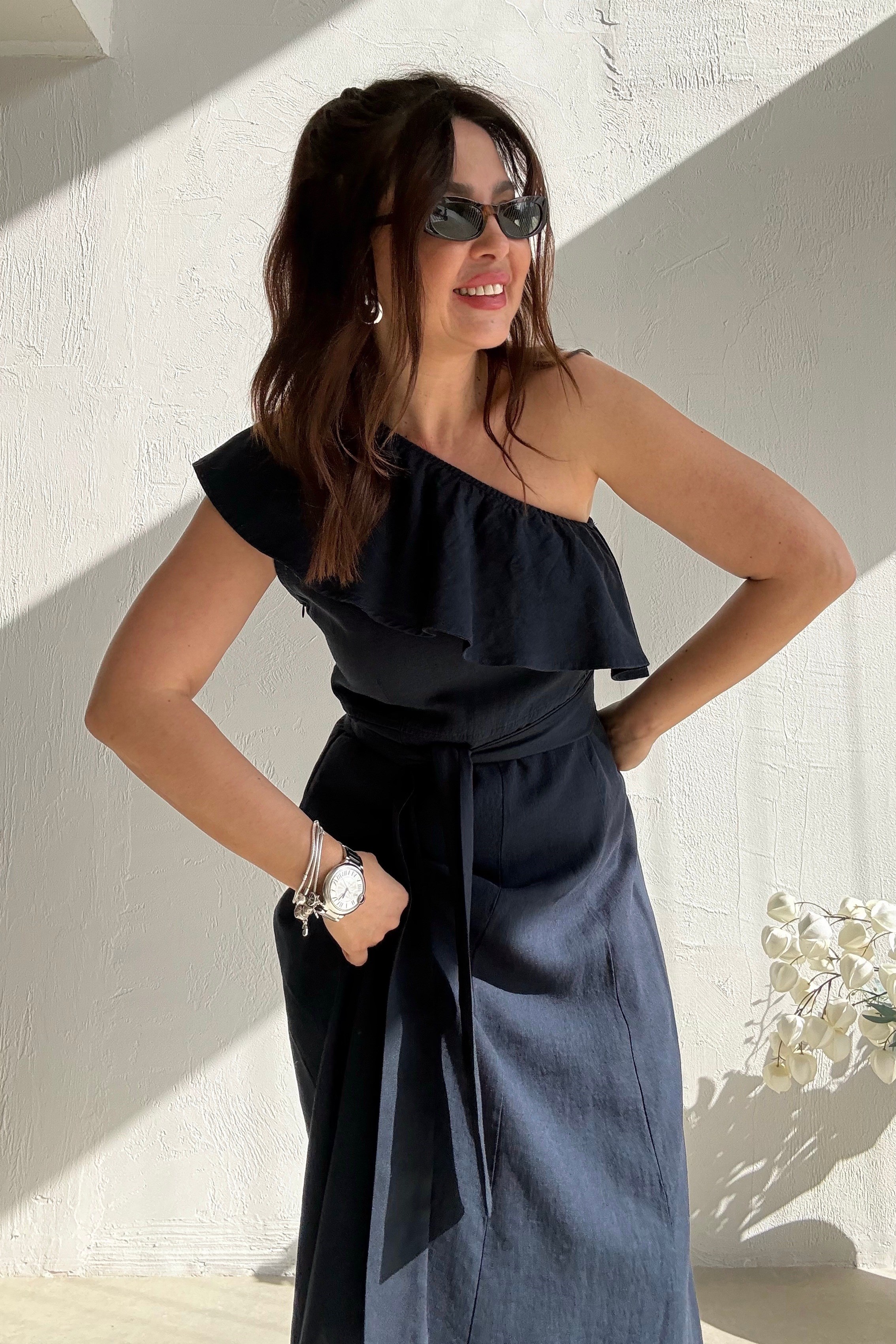 Lacivert Volanlı Ham Keten Elbise 