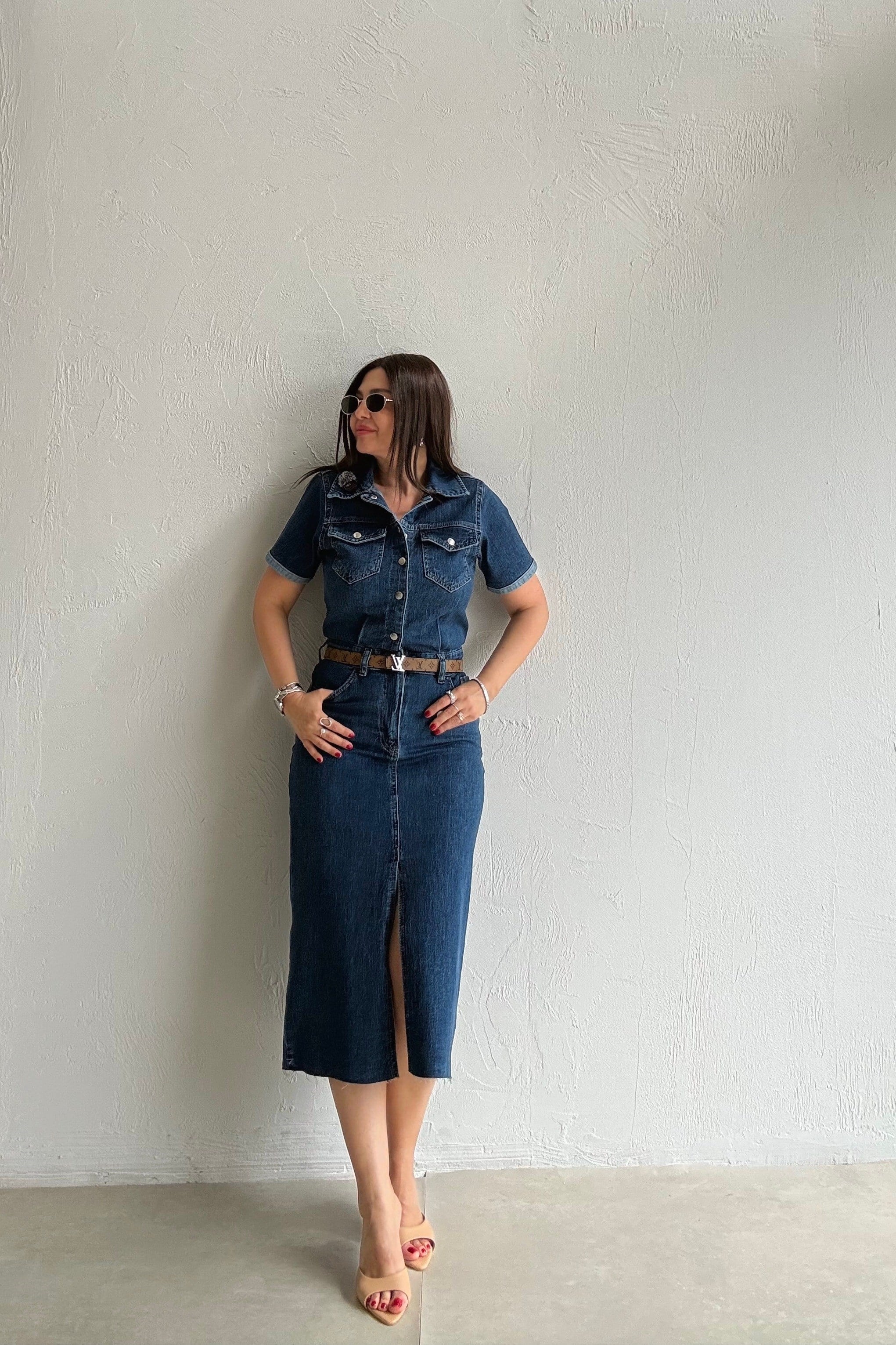 Likralı Denim Elbise MAVİ