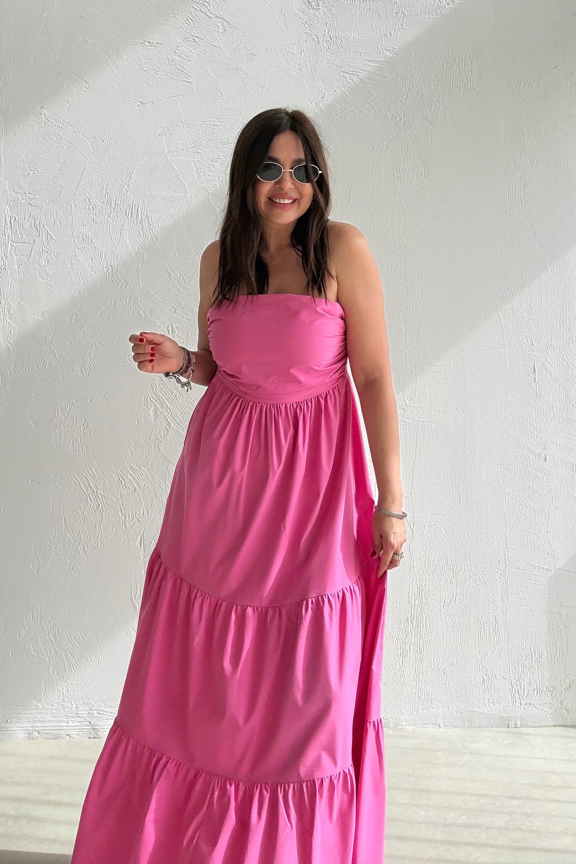 Midi Straplez Elbise PEMBE