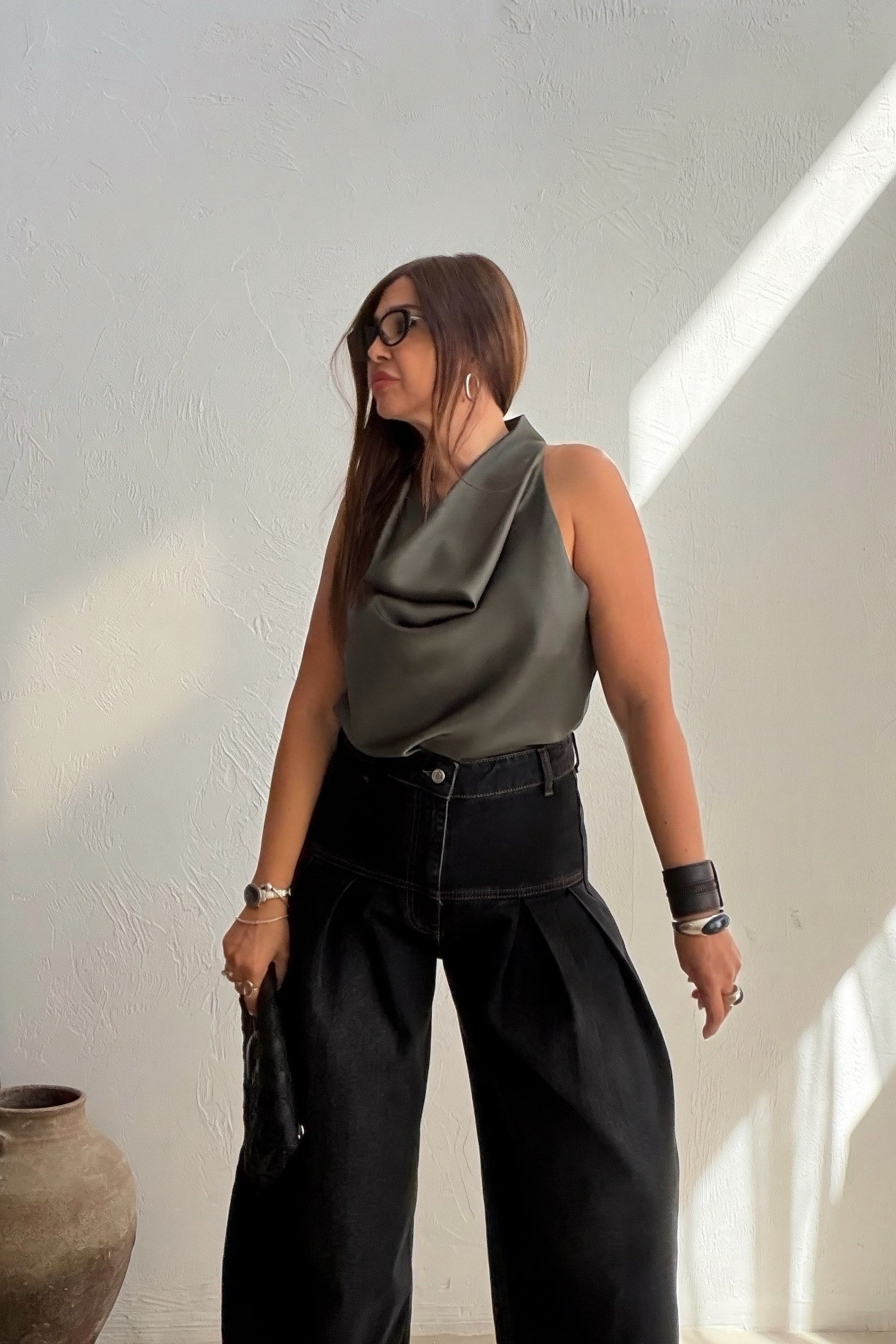 Saten Degaje Yaka Bluz HAKİ