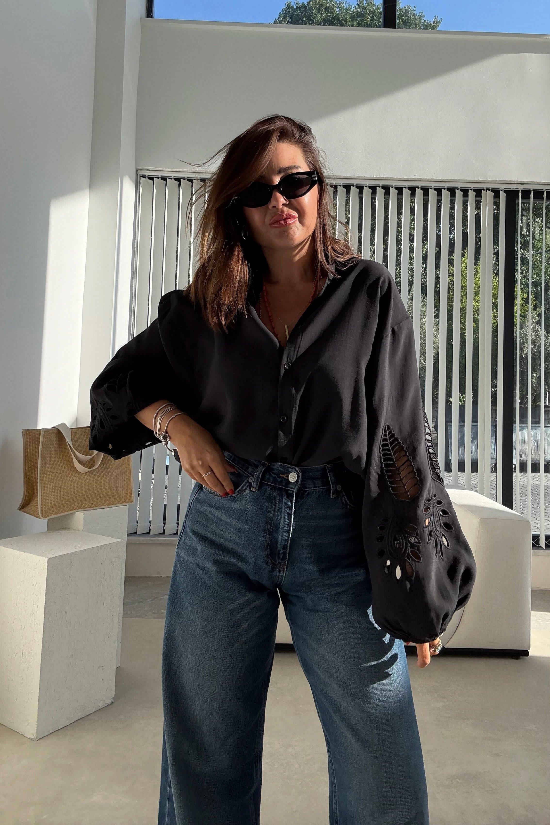 Siyah Oversize Nakışlı Gömlek 