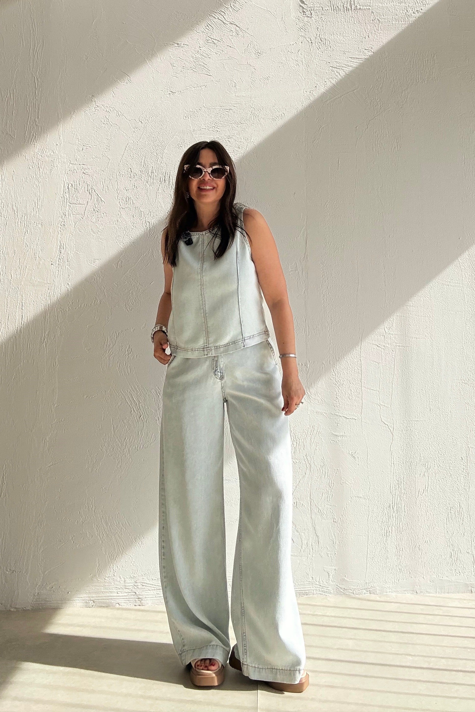 Soft Doku Denim Bluz Pantolon Takım BUZ MAVİSİ