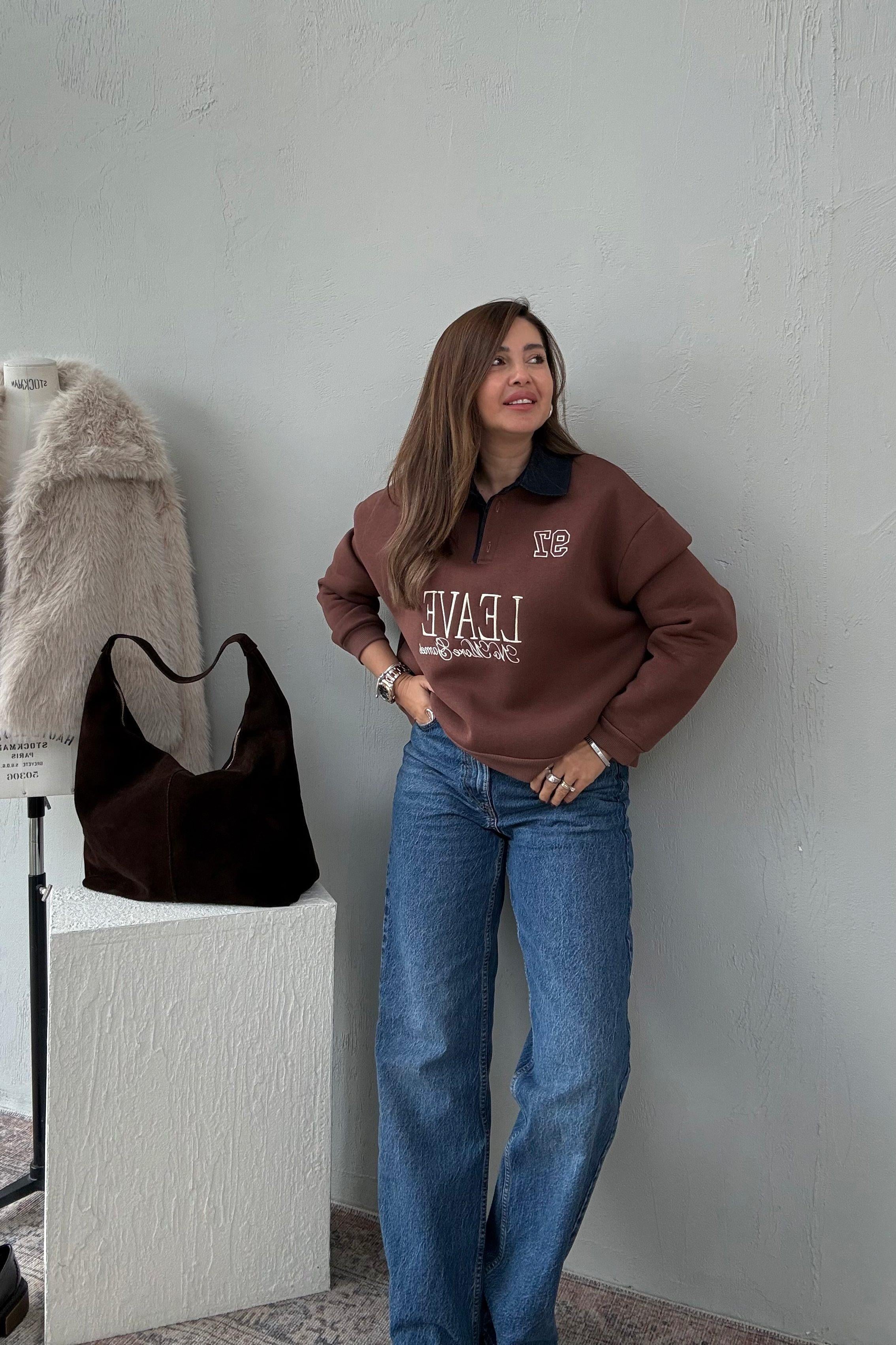 Tarçın Denim Yakalı Sweatshirt 