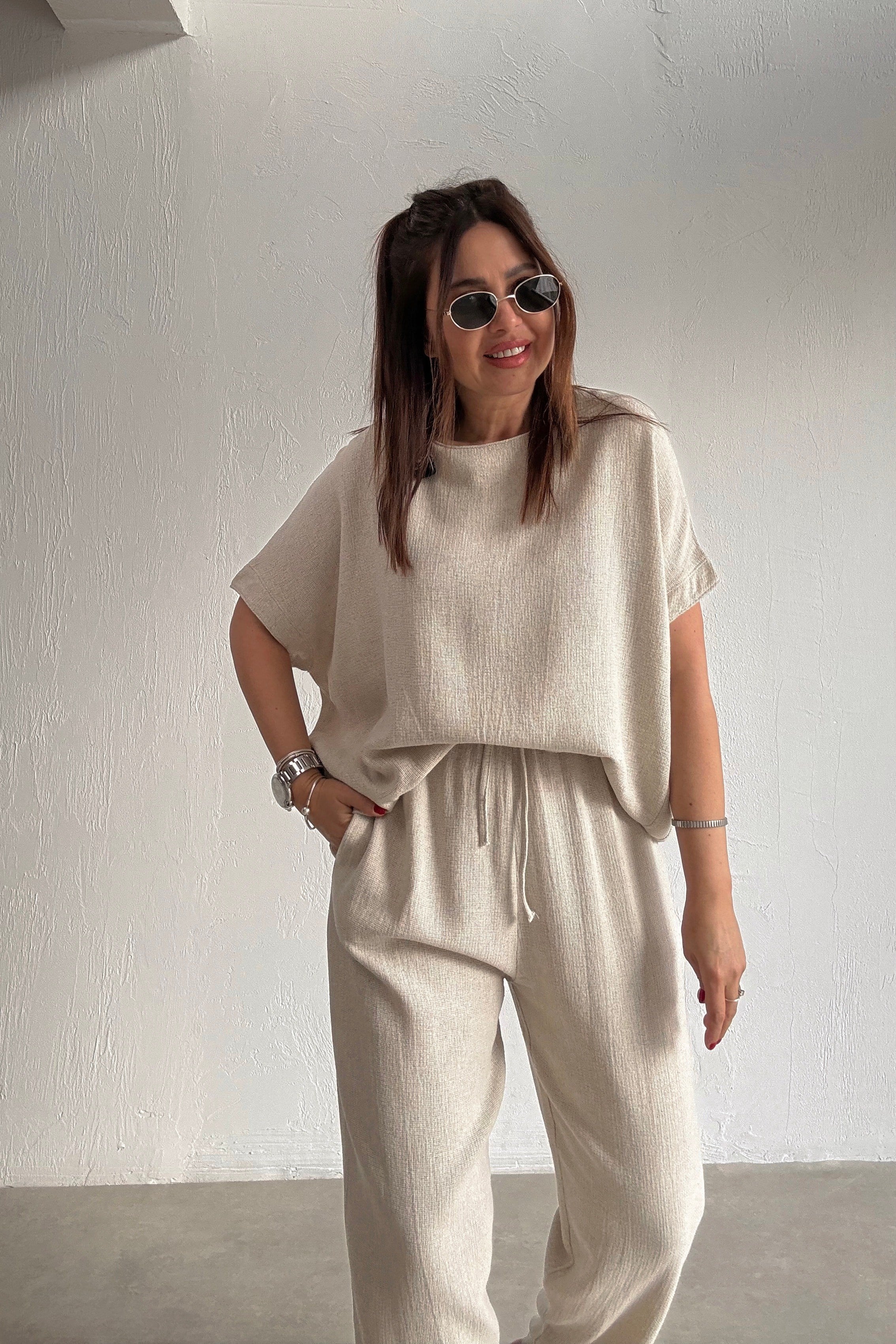 Taş Rengi Salaş Keten Takım 