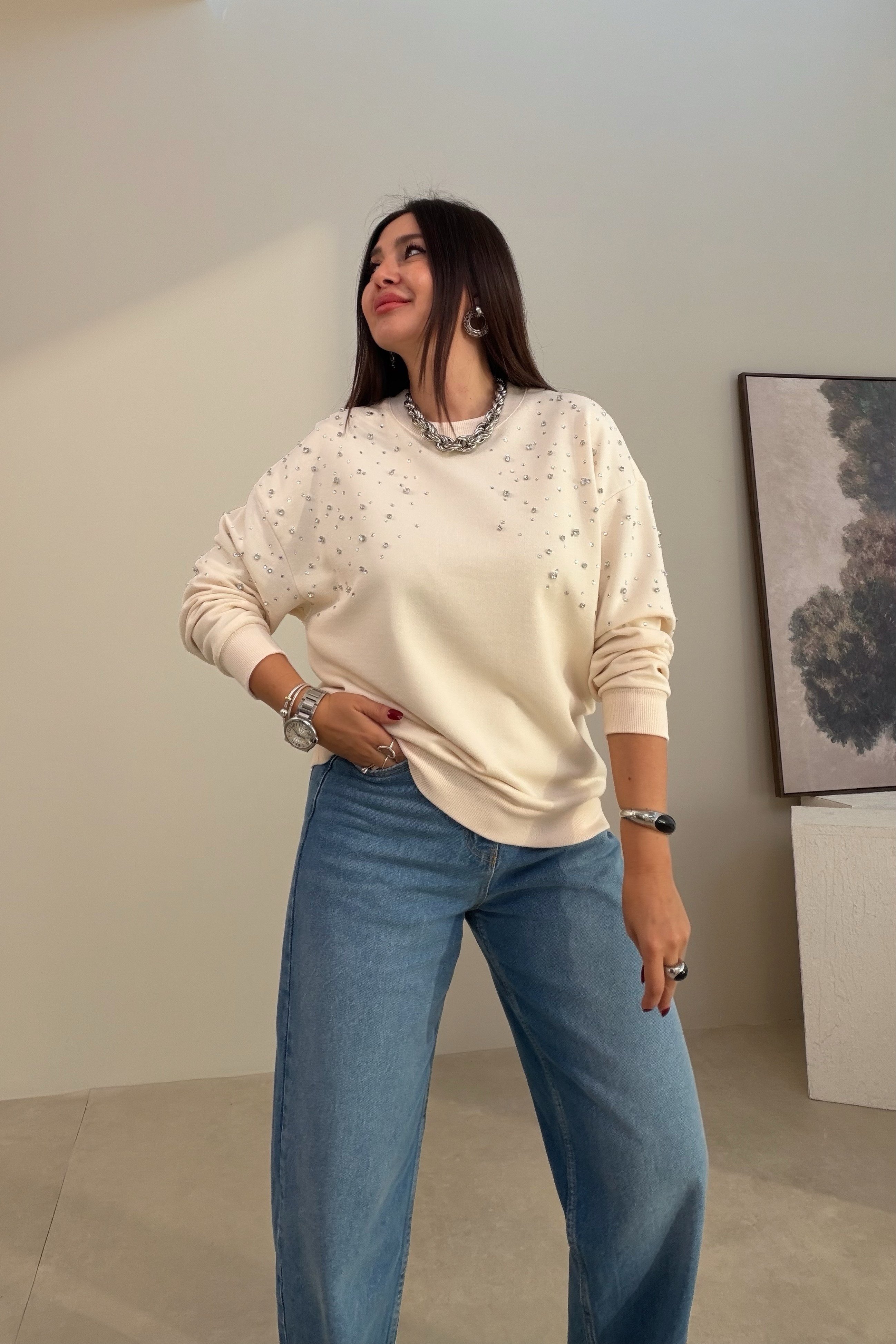 Taşlı Sweatshirt EKRU