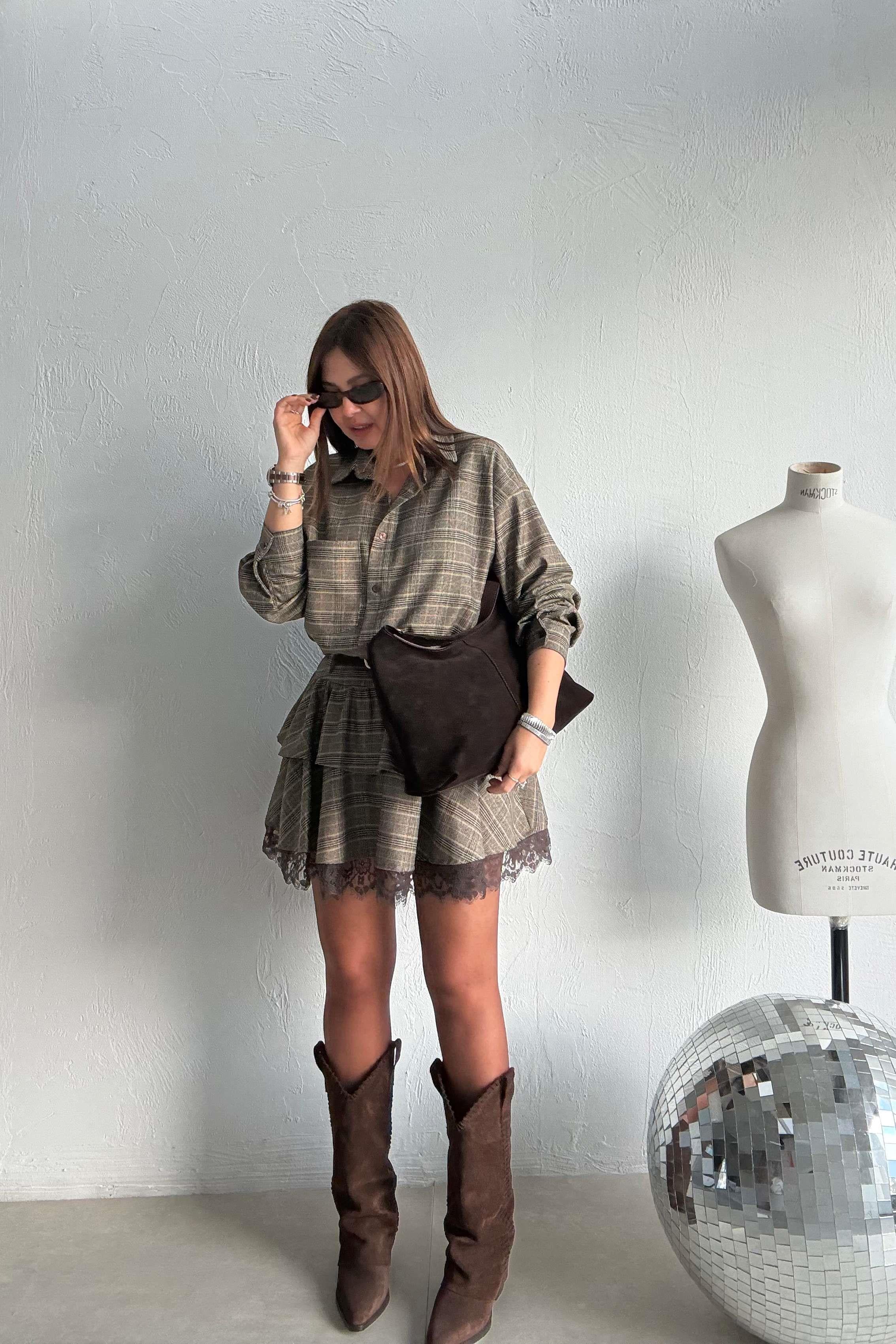 Toprak Ekoseli Dantelli Gömlek Etek Takım 