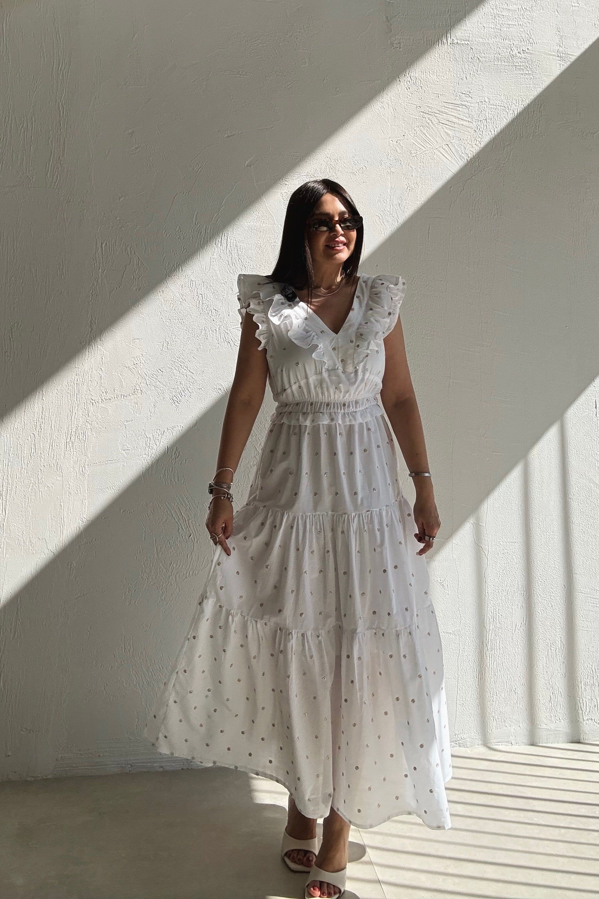 Volanlı Gold Puanlı Elbise BEYAZ