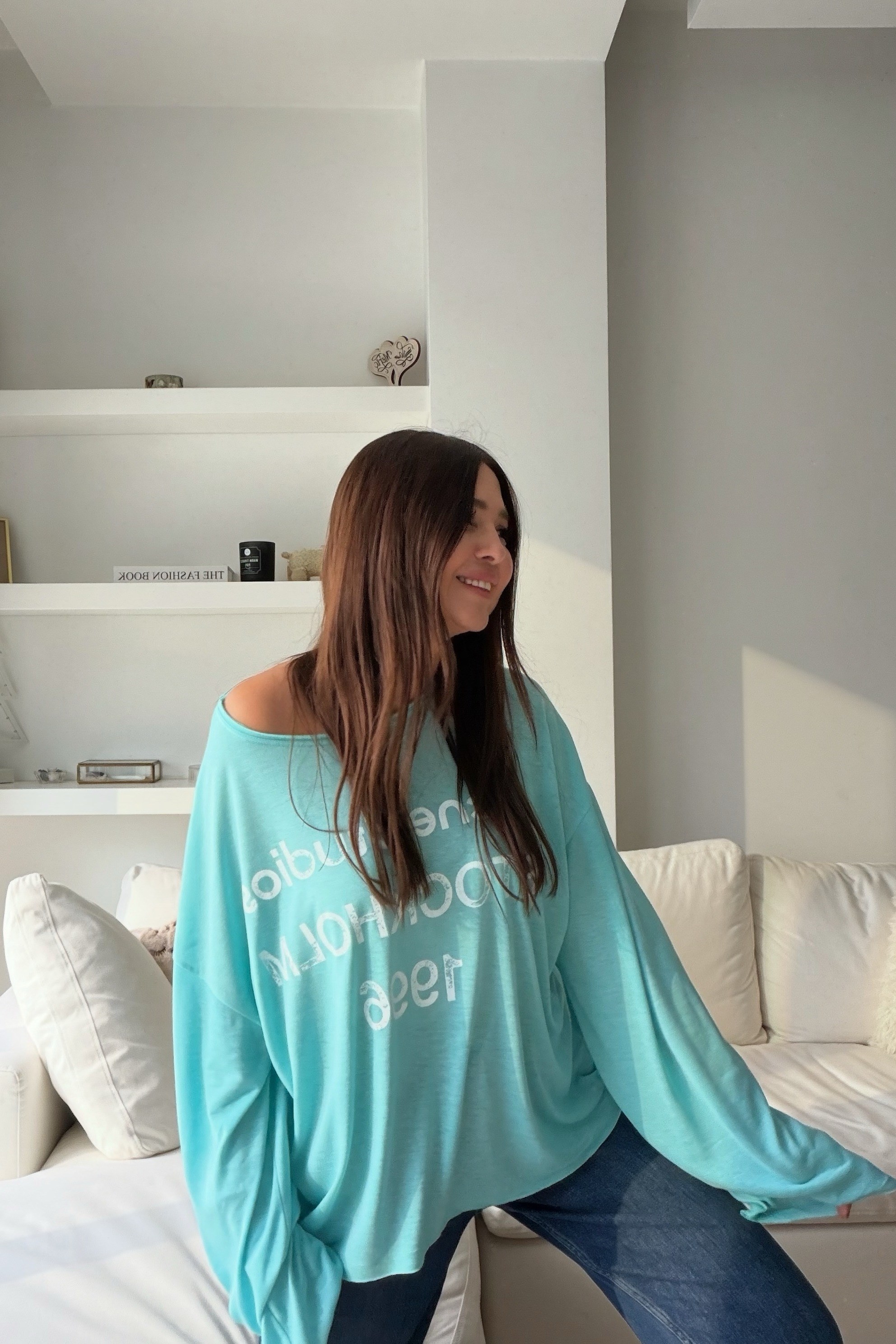 Yazı Baskılı Oversize Üst TURKUAZ