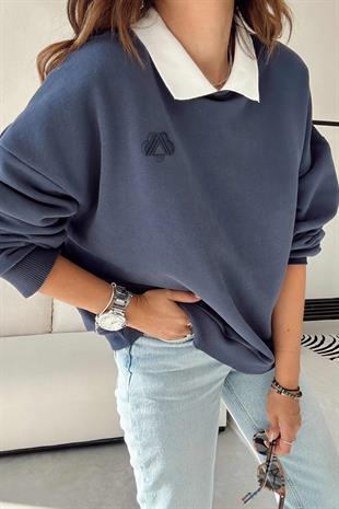 Lacivert Polo Yaka Basic Sweatshirt 