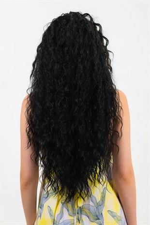 Sentetik Ön Tül Peruk Afro Uzun Siyah