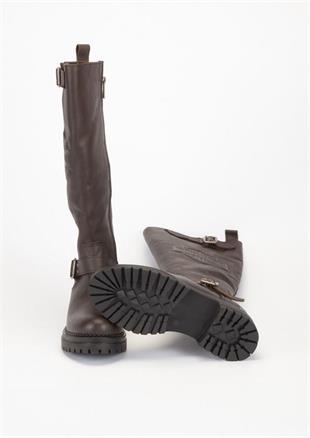 Harley Davidson Trouble Dark Brown Baskılı Deri Kadın Çizme