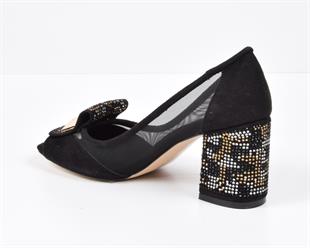 Kuum K329850 Siyah Süet Taşlı Önü Açık Kadın Ayakkabı