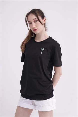 The Socks Company 23SCTS228U Palmiye Nakışlı Bisiklet Yaka Siyah Tshirt