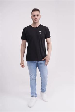 The Socks Company 23SCTS228U Palmiye Nakışlı Bisiklet Yaka Siyah Tshirt