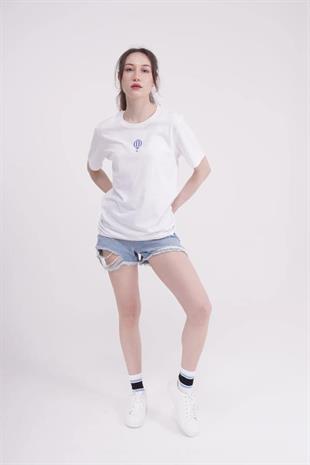 The Socks Company 23SCTS240U Uçan Balon Nakışlı Bisiklet Yaka Beyaz Tshirt