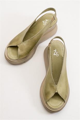 Wella 7672 Yeşil Deri Kadın Sandalet