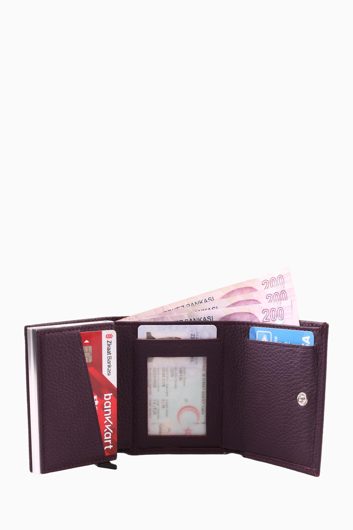 Hakiki Deri Unisex Mekanizmalı Cüzdan 626MG - Mürdüm