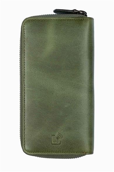 Hakiki Deri RFID Korumalı Telefon Bölmeli El Portföyü 833 - Haki