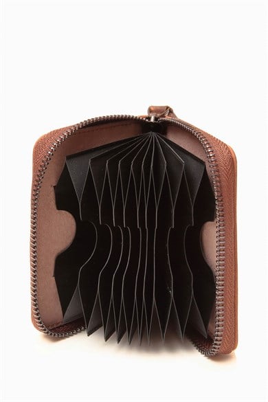 Hakiki Deri RFID Korumalı Akordiyon Kartlık 416 - Taba