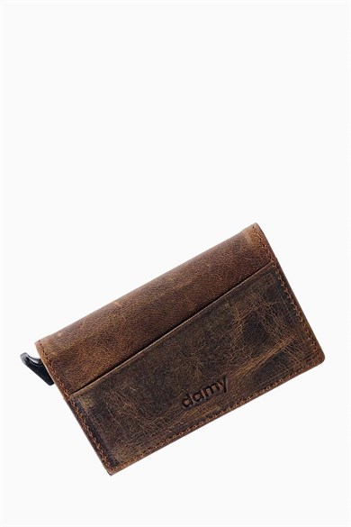 Hakiki Deri Unisex Mekanizmalı Kartlık 611CR - Koyu Taba