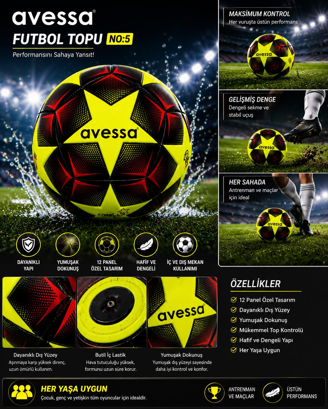 Avessa Estrella Futbol Topu 12 Panel No5 Sarı