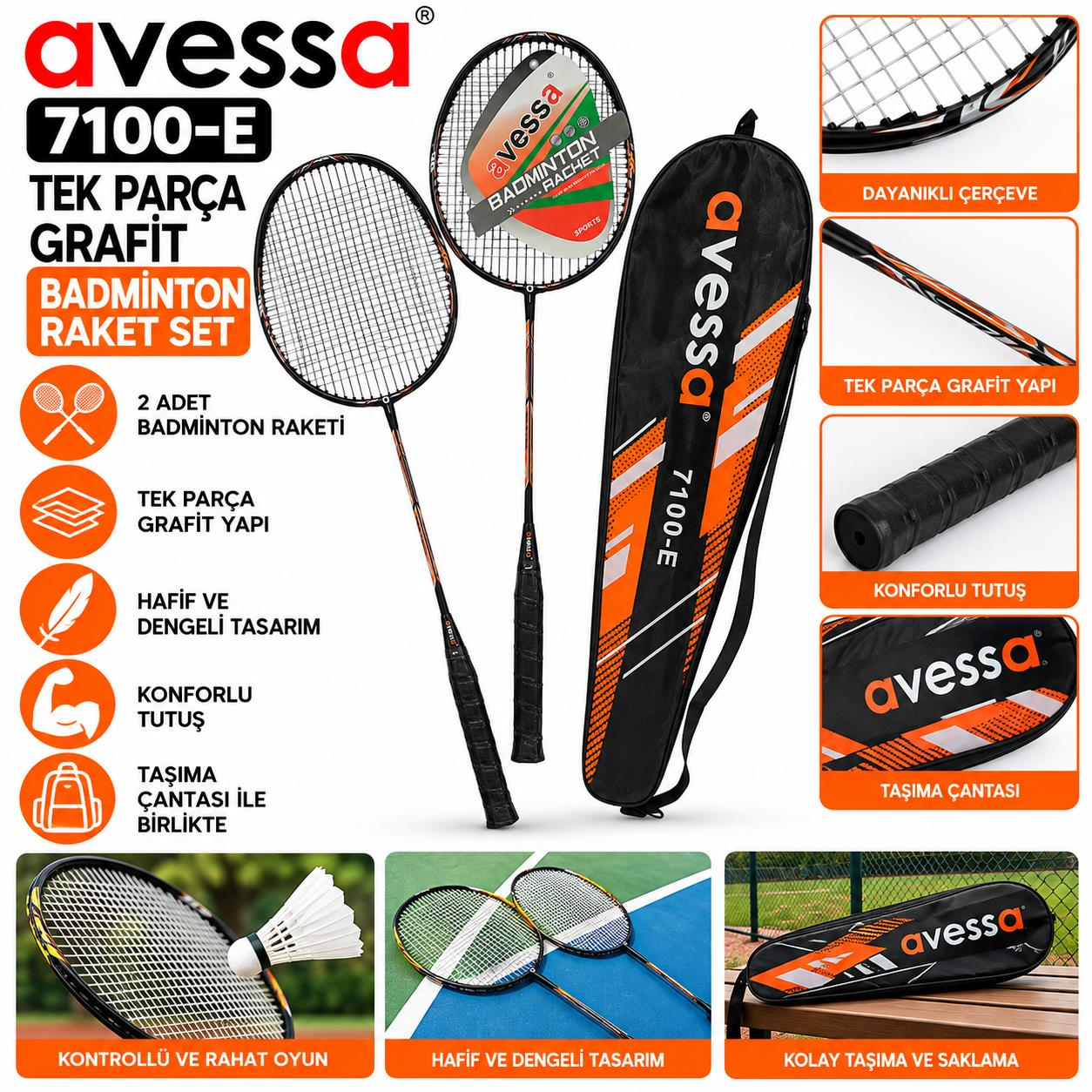 Avessa 7100-E Grafit Badmington Raketi Seti