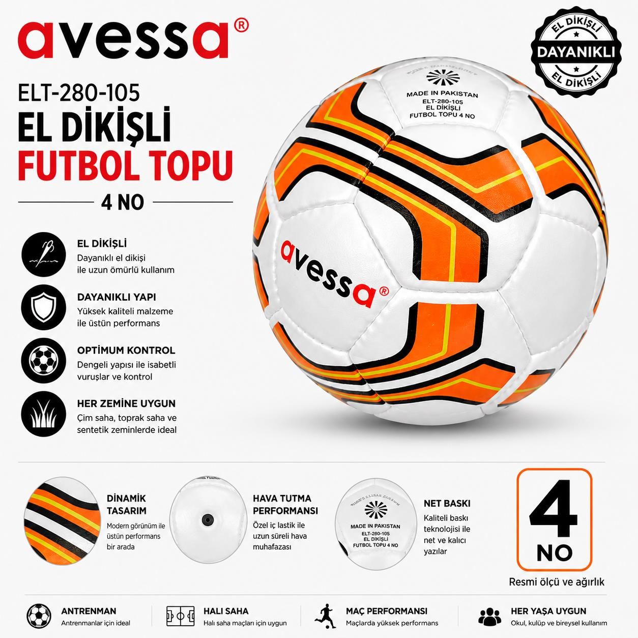 Avessa Elt-280-104 El Dikişli Futbol Topu No4 Sarı