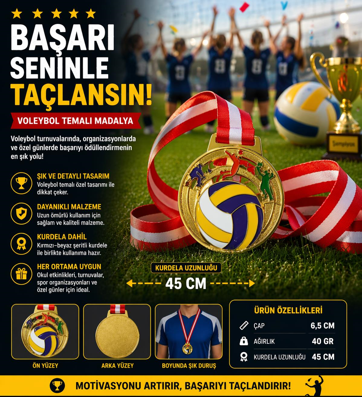 Avessa Mad-Vol-1 Voleybol Figürlü Madalya 6,5 Cm